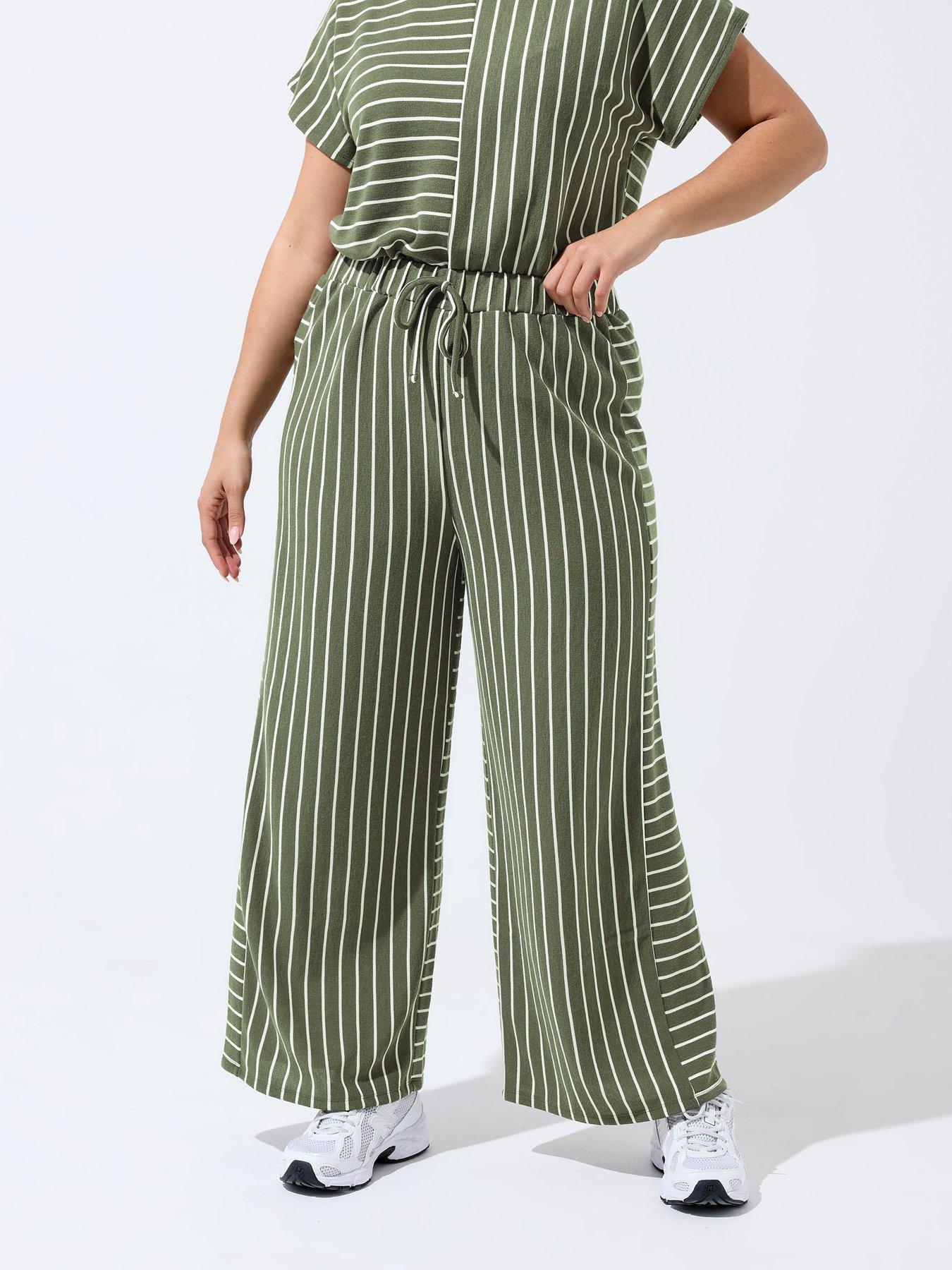 Image 1 of 4 of Yours Curve Khaki Stripe Trousers - Green