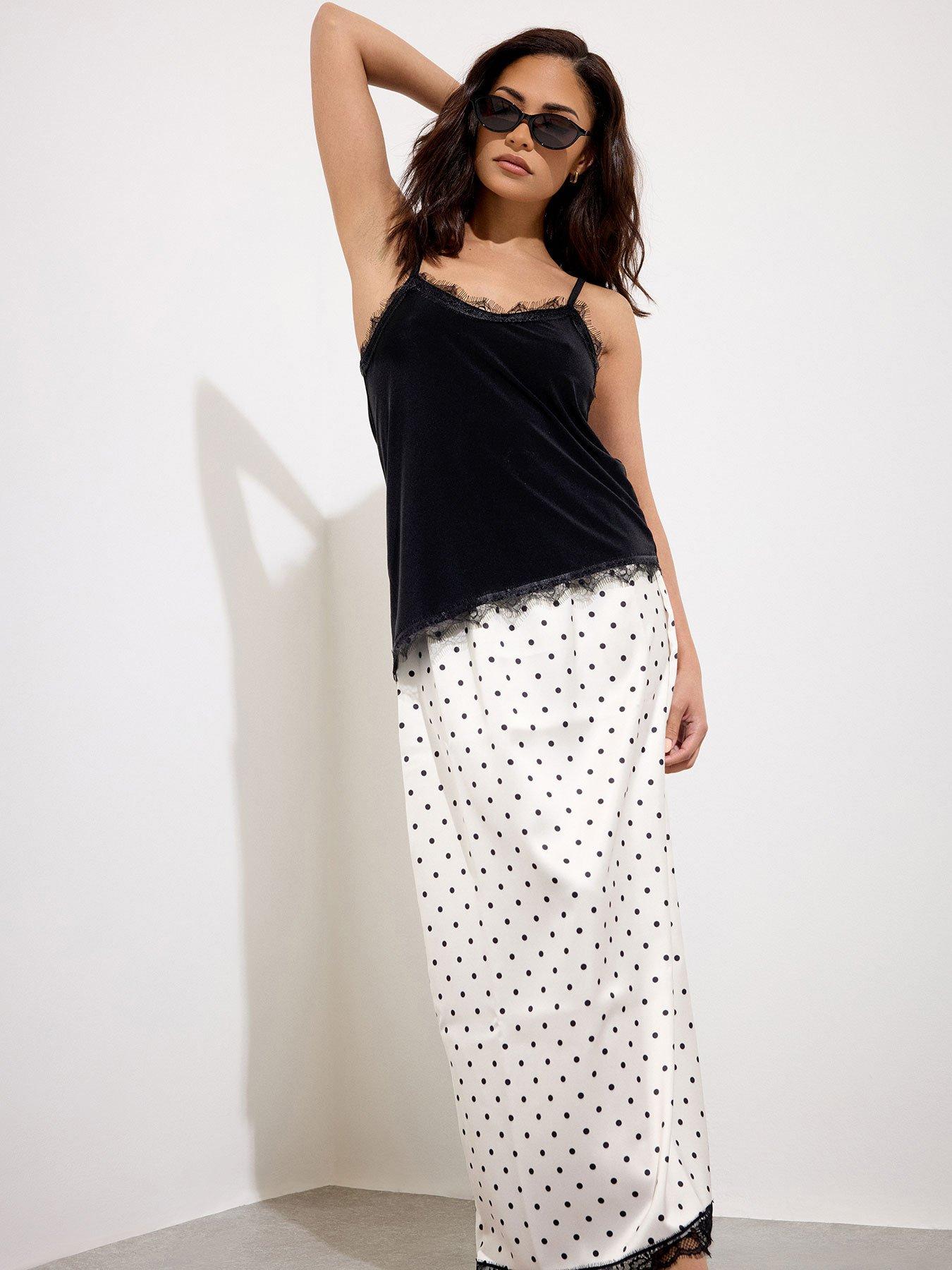 PixieGirl Petite Satin Spot Lace Hem Skirt - White