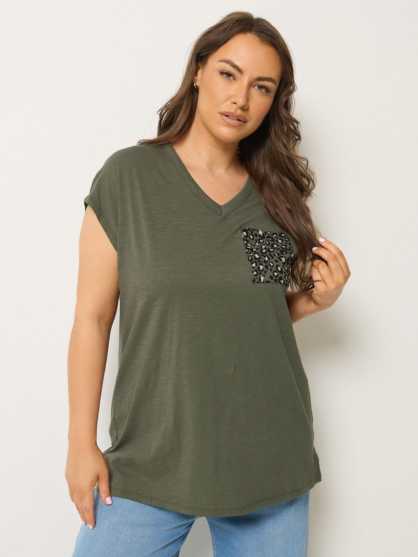 Image 1 of 4 of Yours Curve Stud Pocket T-Shirt - Green
