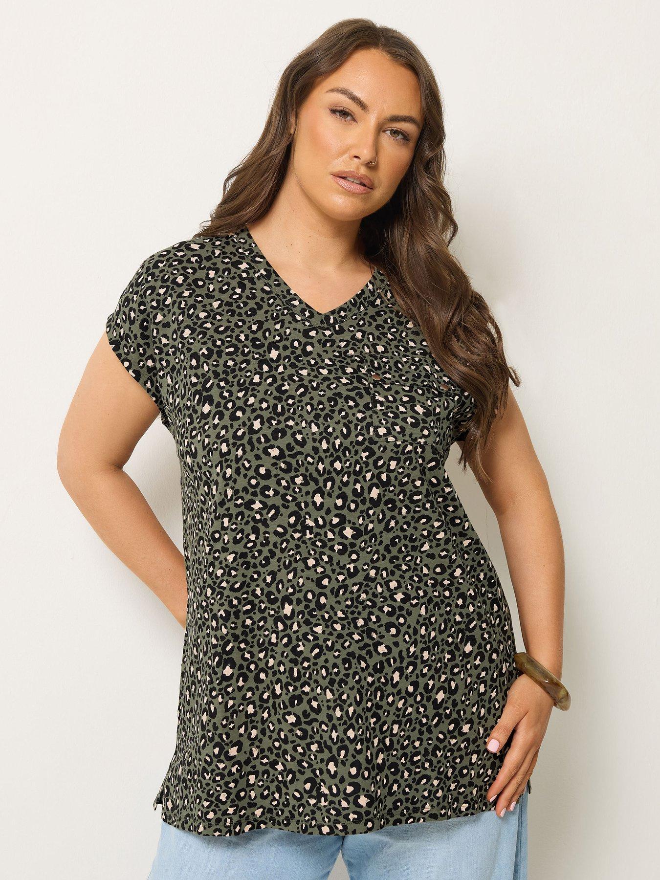 Image 1 of 4 of Yours Curve Stud Leopard Print T-Shirt - Green