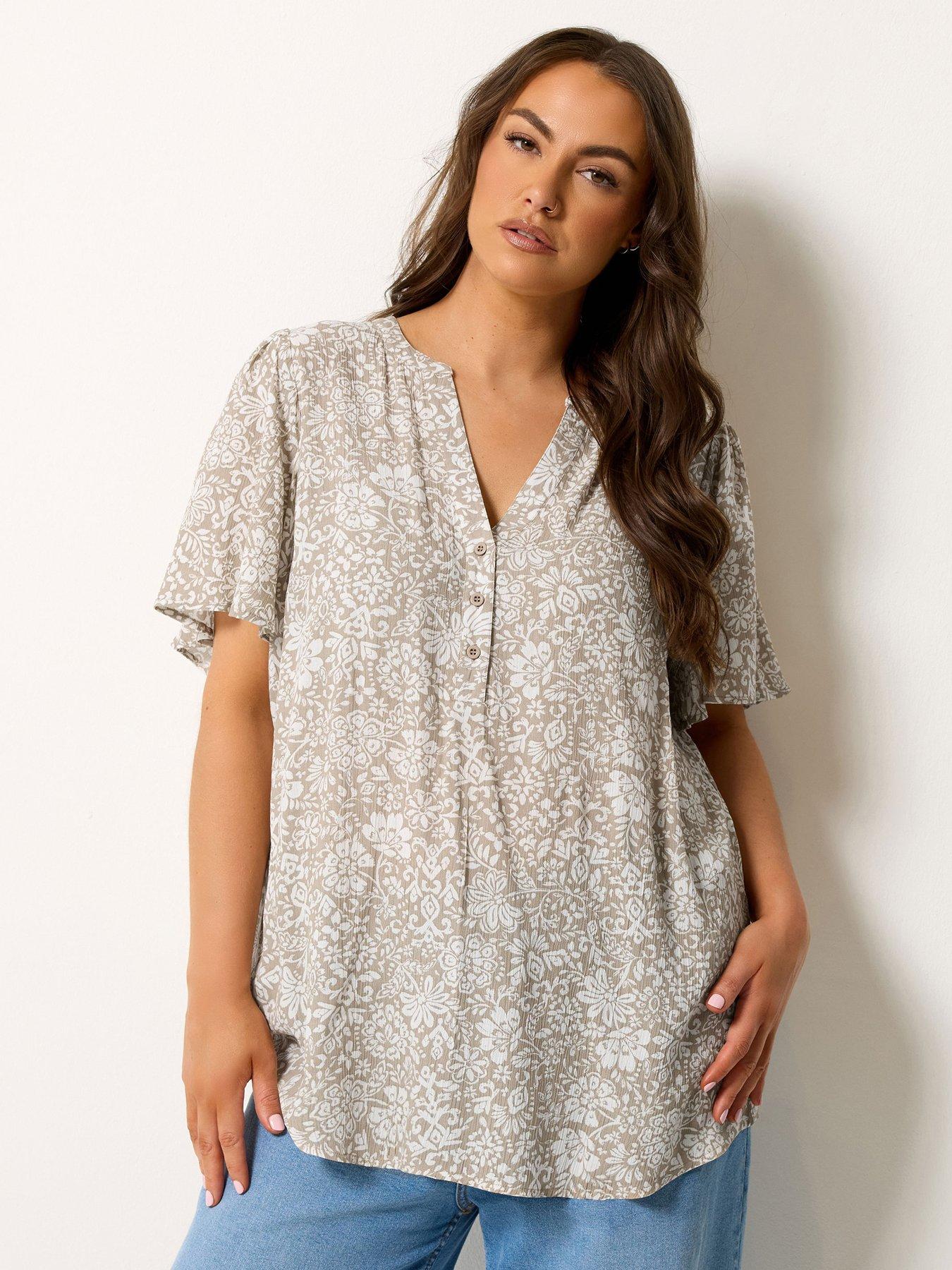 Image 1 of 4 of Yours Curve Printed Crinkle Notchneck Blouse - Cream