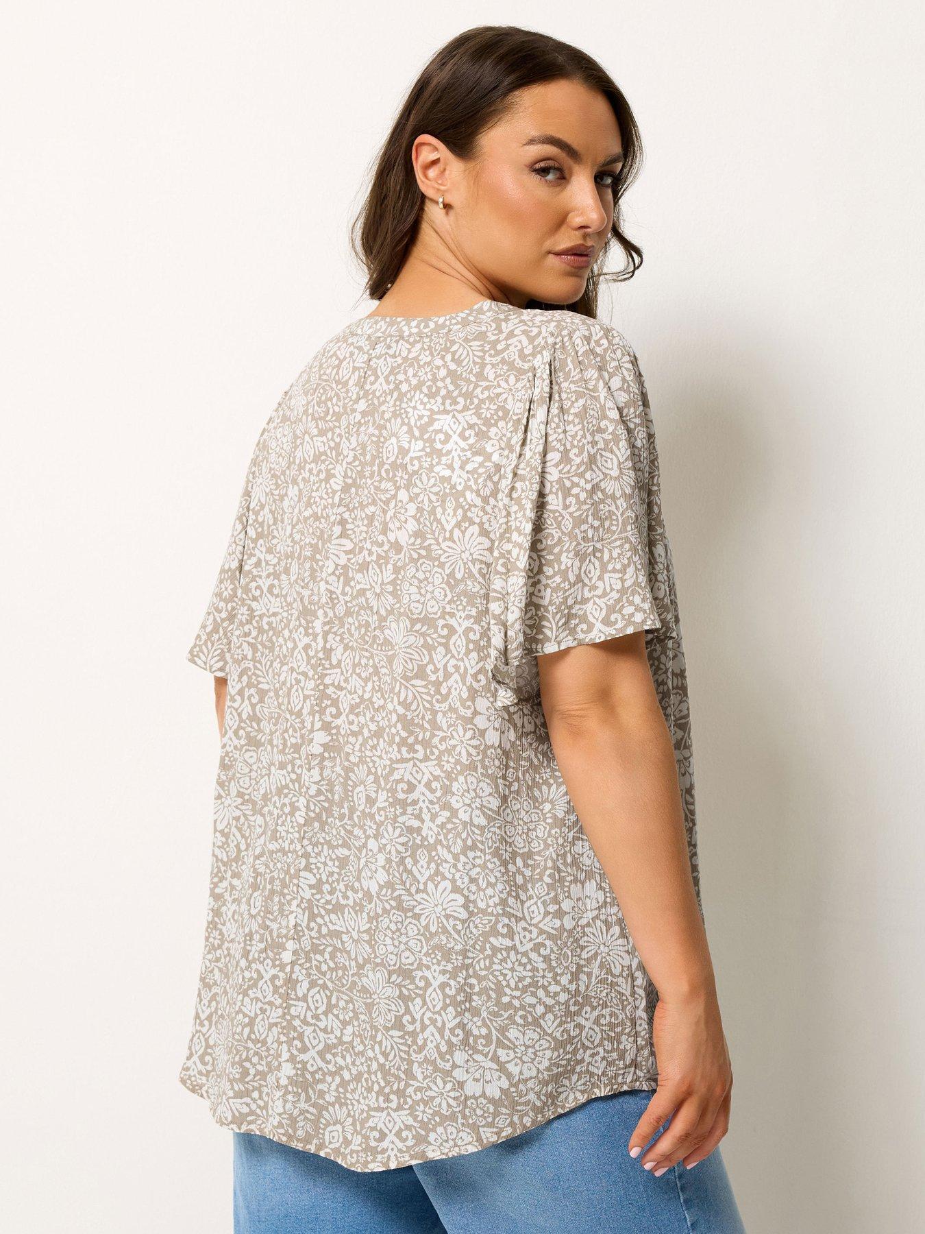 Image 2 of 4 of Yours Curve Printed Crinkle Notchneck Blouse - Cream