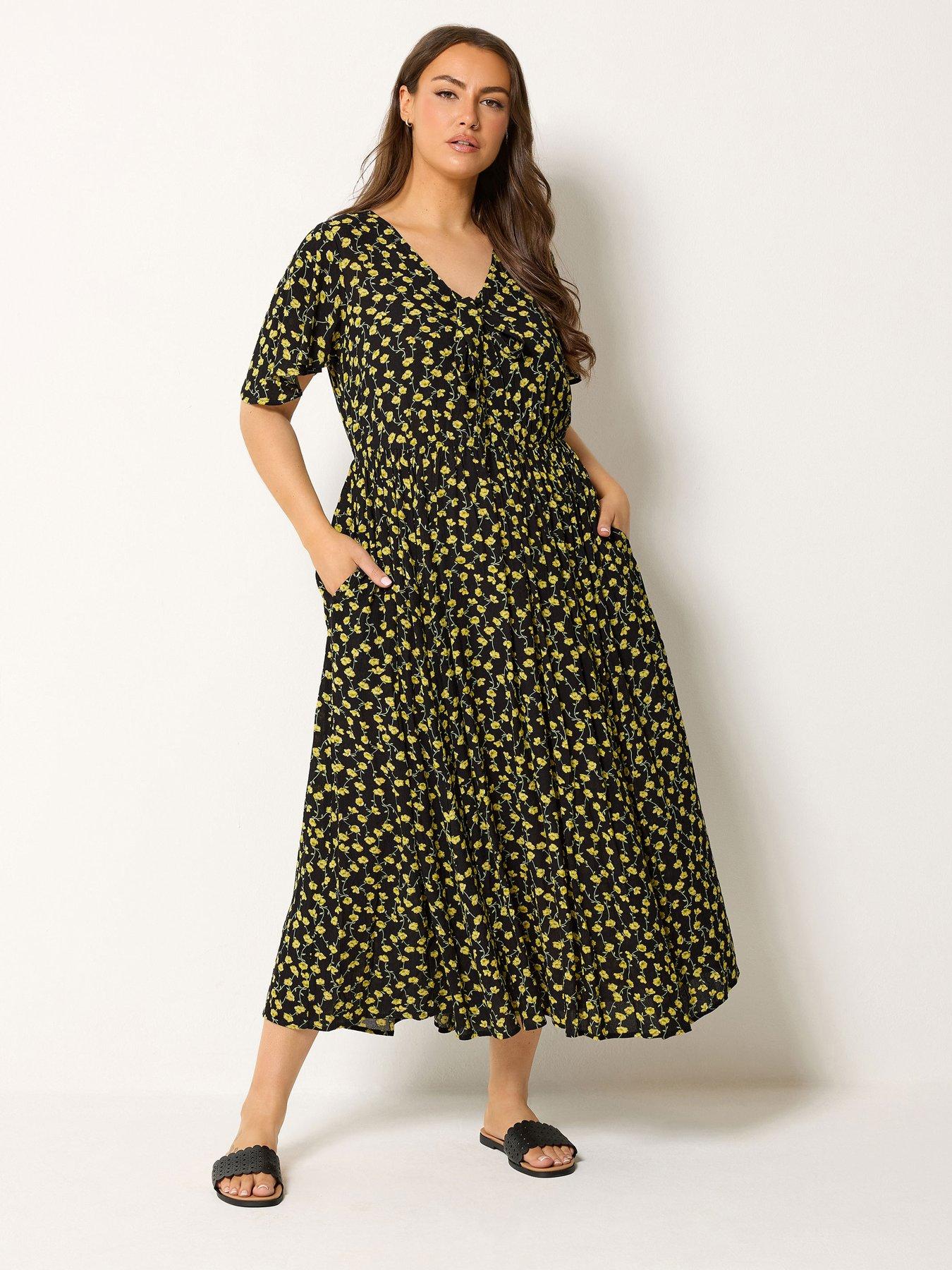 Yours Curve Sunflower Print Gypsy Midaxi Dress - Black | Very