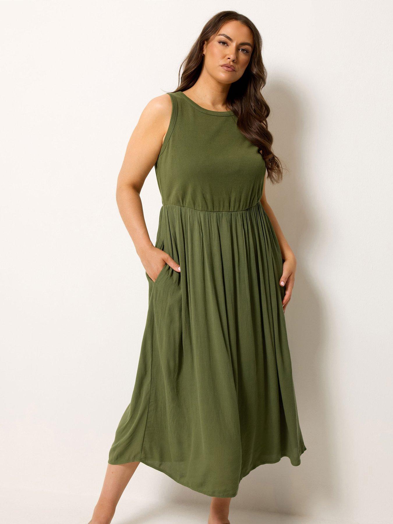 Image 1 of 4 of Yours Curve Mixed Midaxi Dress Green