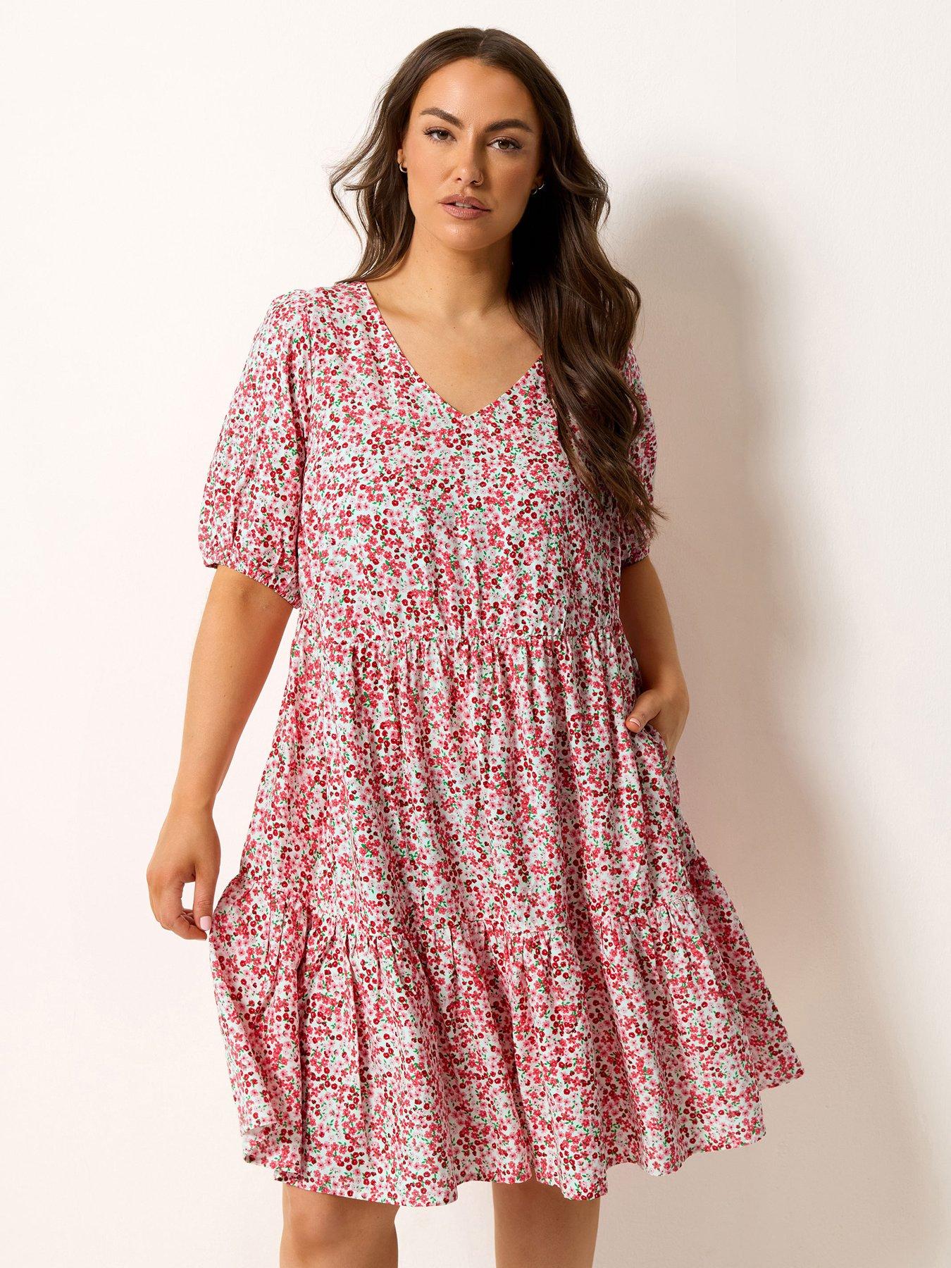 Yours Curve Ditsy Print Tie Smock Dress - White  &  Pink