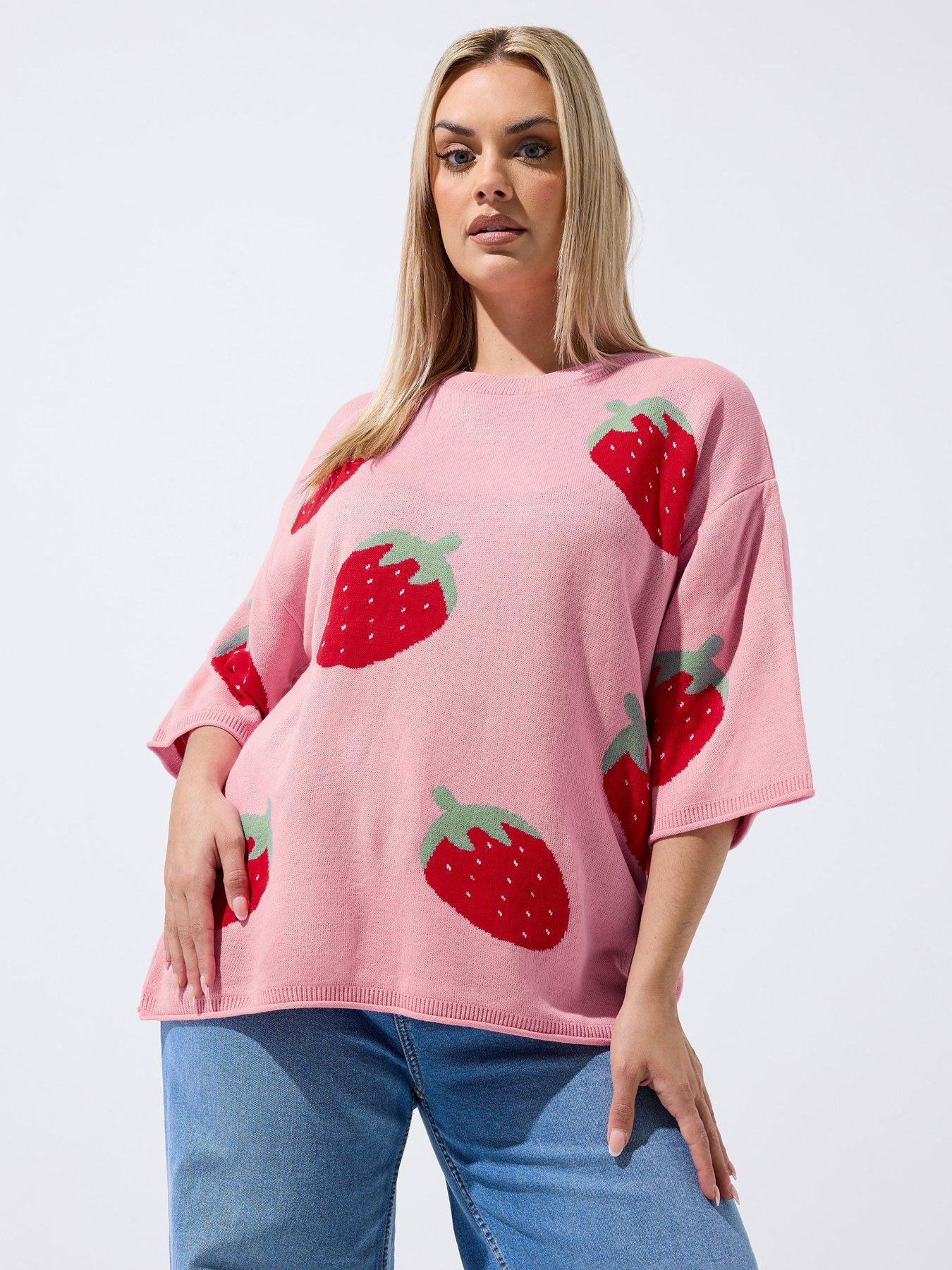 Image 1 of 4 of Yours Curve Strawberry Knit Boxy Top - Pink
