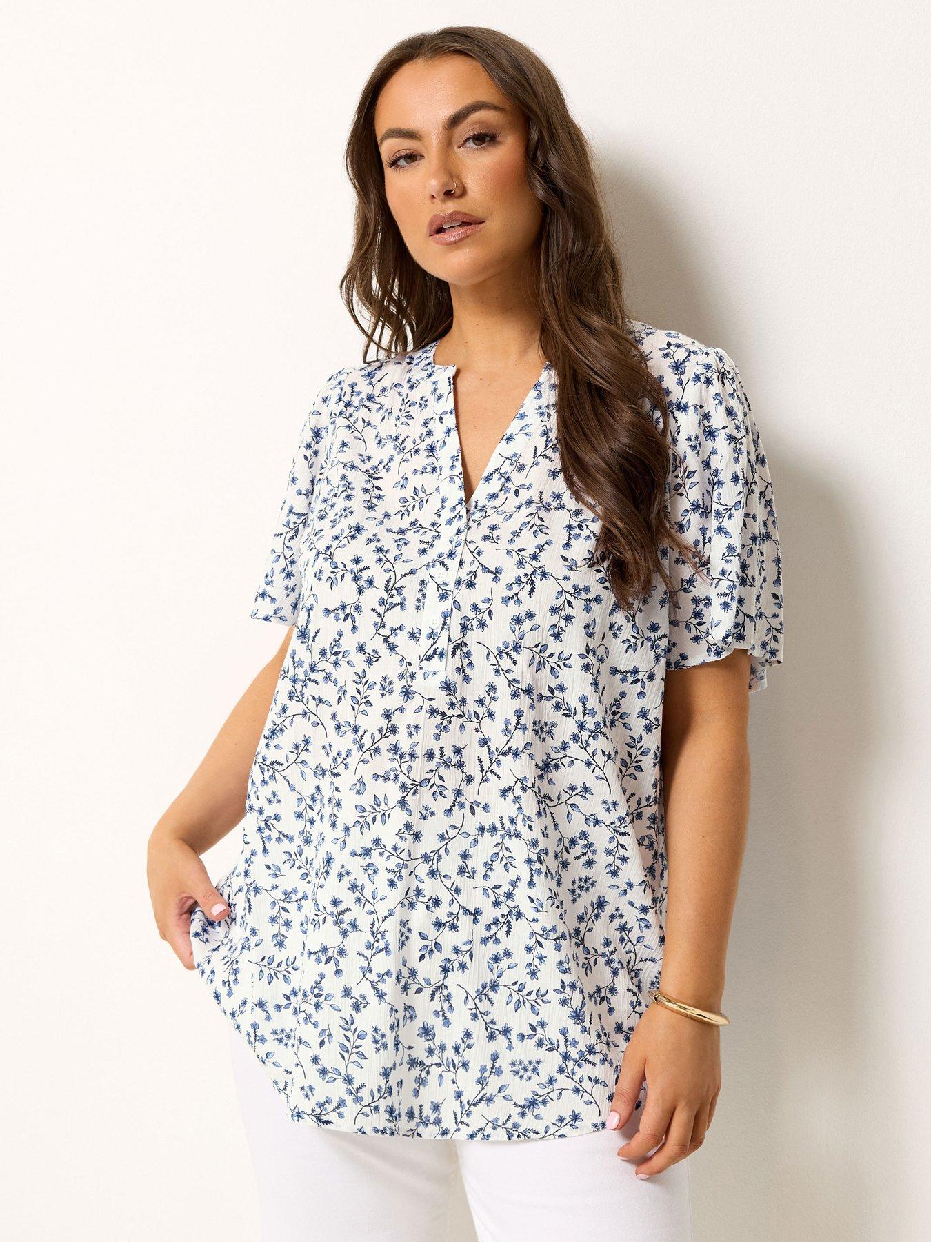 Image 1 of 4 of Yours Curve Ditsy Crinkle Notchneck Blouse - White