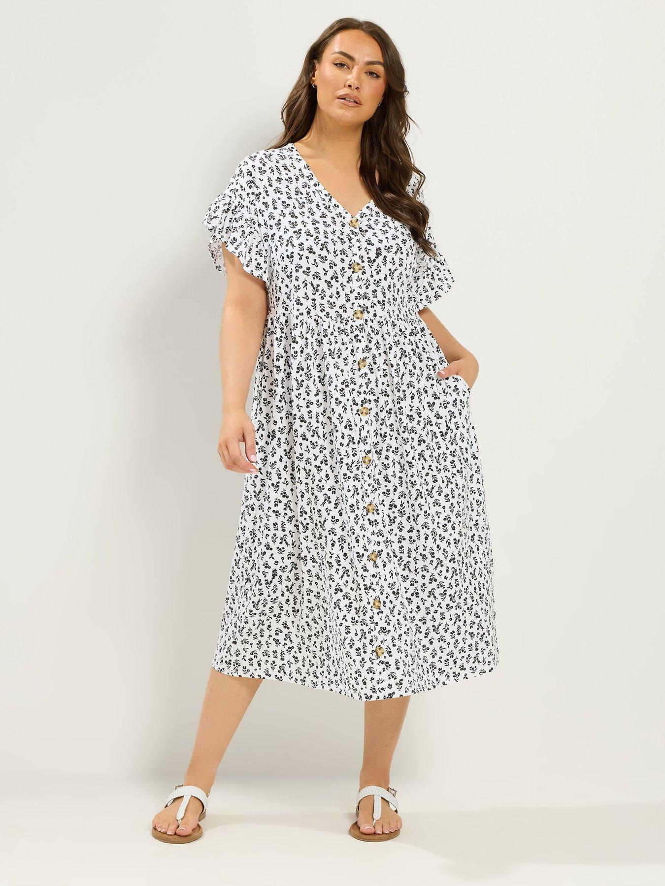 Image 1 of 4 of Yours Curve Ditsy Frill Sleeve Button Dress - White
