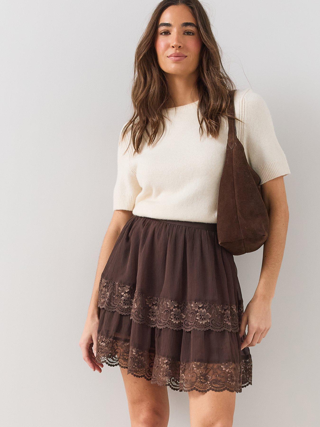 The Very Collection Lace Trim Detail Ruffle Skirt - Brown