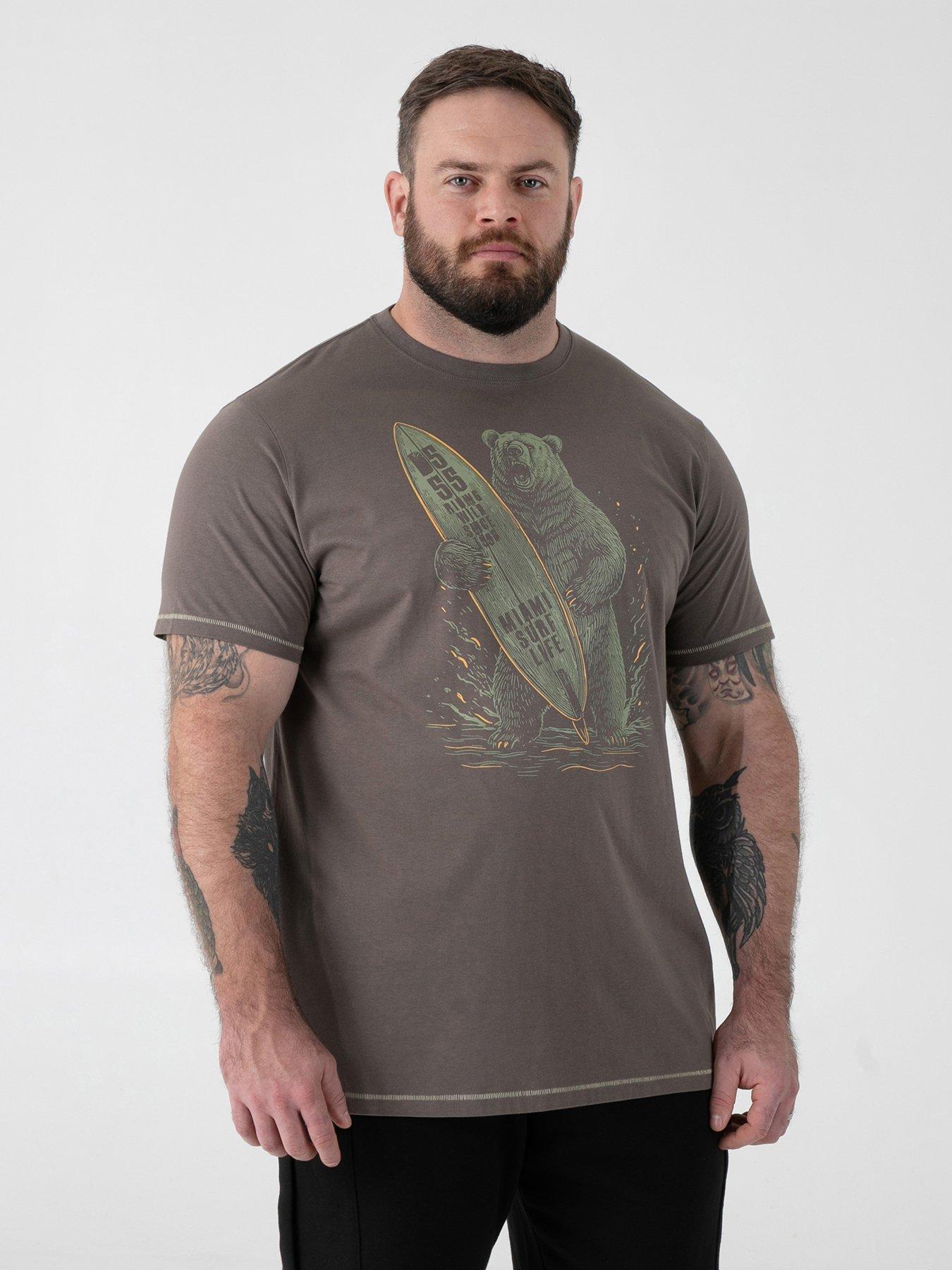 D555 Surfing Bear Printed Crew Neck T-Shirt, Khaki, Size 5Xl, Men
