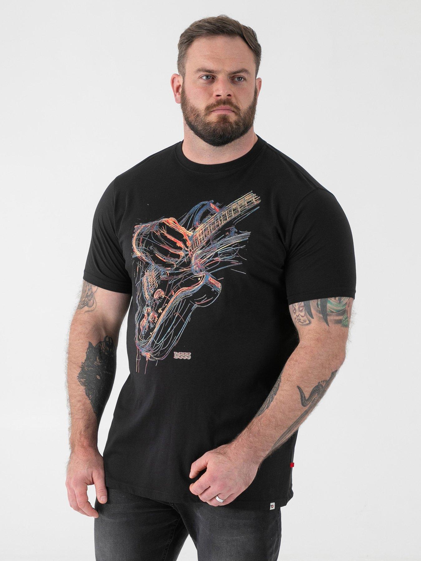 D555 Multi Coloured Guitar Printed Crew Neck T-Shirt, Black, Size 2Xl, Men