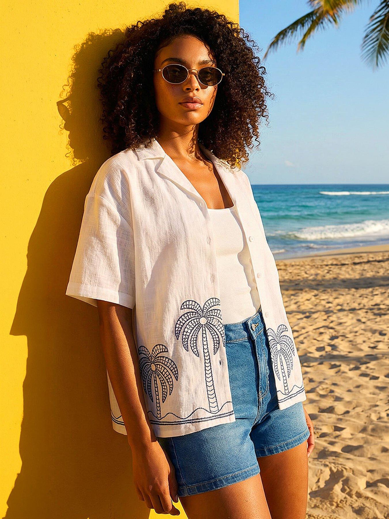Roman Dusk Palm Embroidered Shirt, White, Size 14, Women