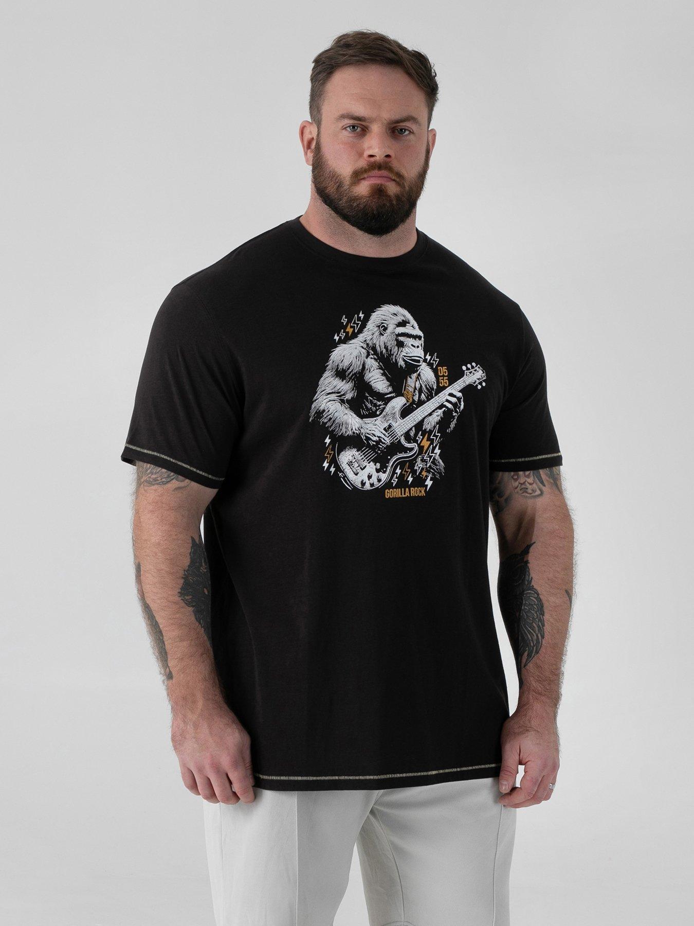 D555 Gorilla Playing Guitar Printed Crew Neck T-Shirt - Black