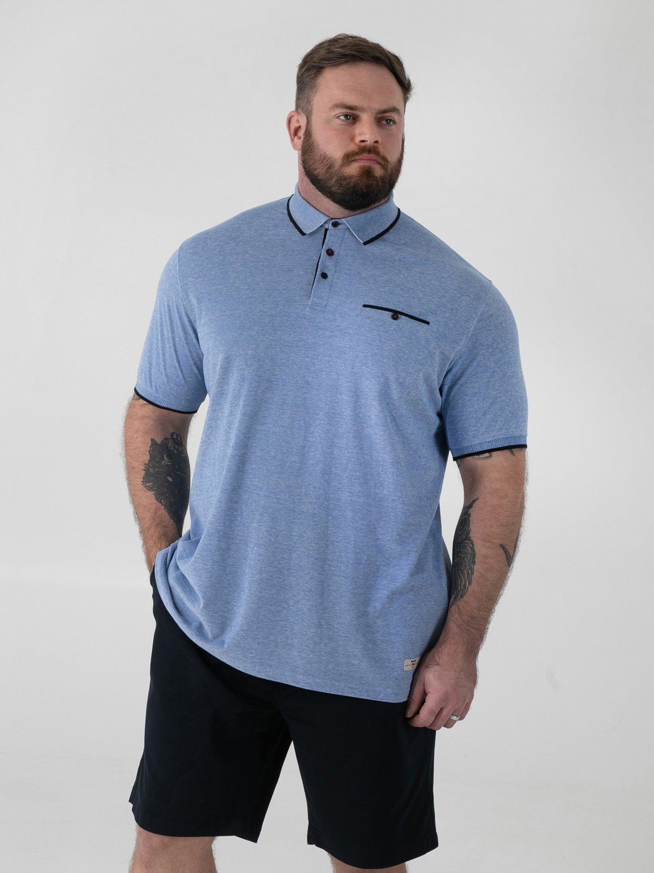 D555 Pique Polo Shirt With Jacquard Collar And And Cuffs With Chest Pocket - Blue