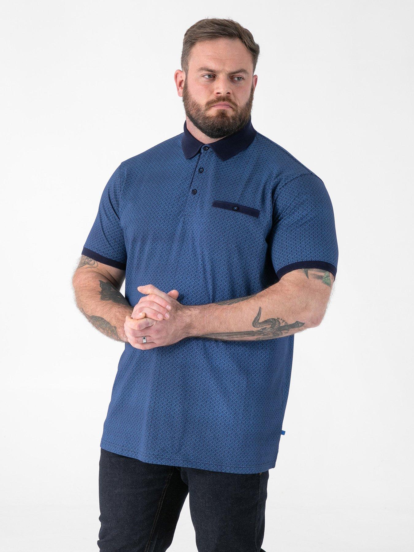 D555 Printed Jacquard Collar And Cuff Polo Shirt With Chest Pocket, Blue, Size 4Xl, Men