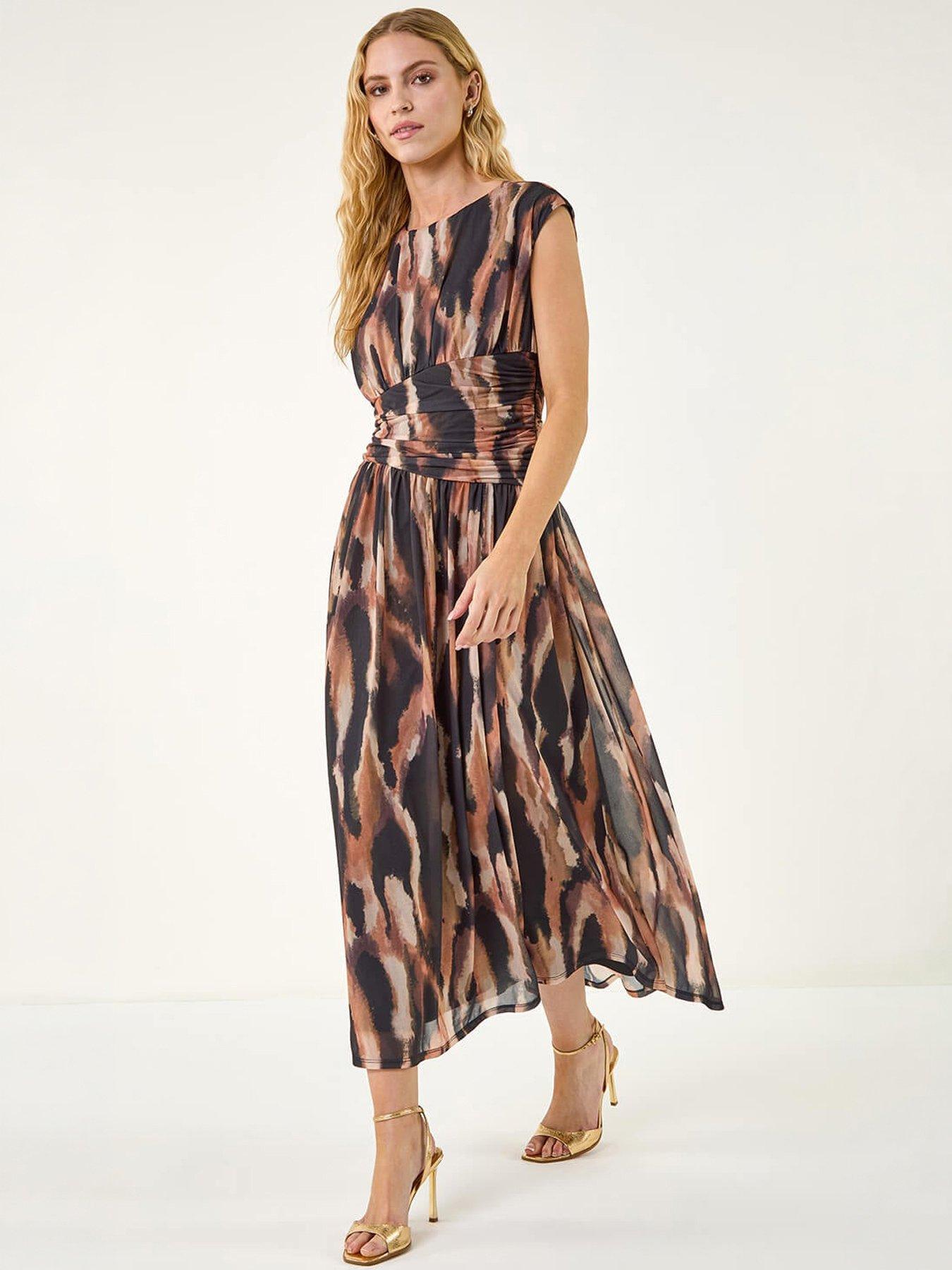 Roman Black Abstract Print Ruched Dress
