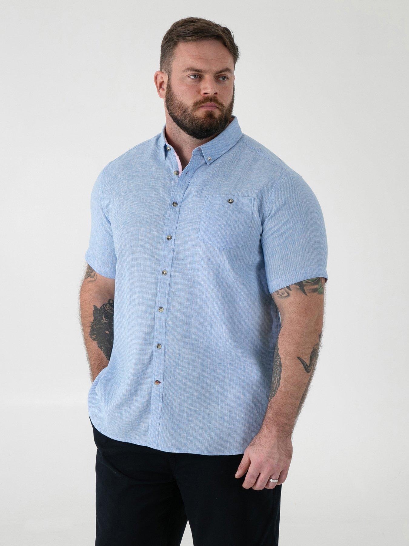 D555 D555 Blue Linen Mix Short Sleeve Shirt With Button Down Collar  &  Pocket