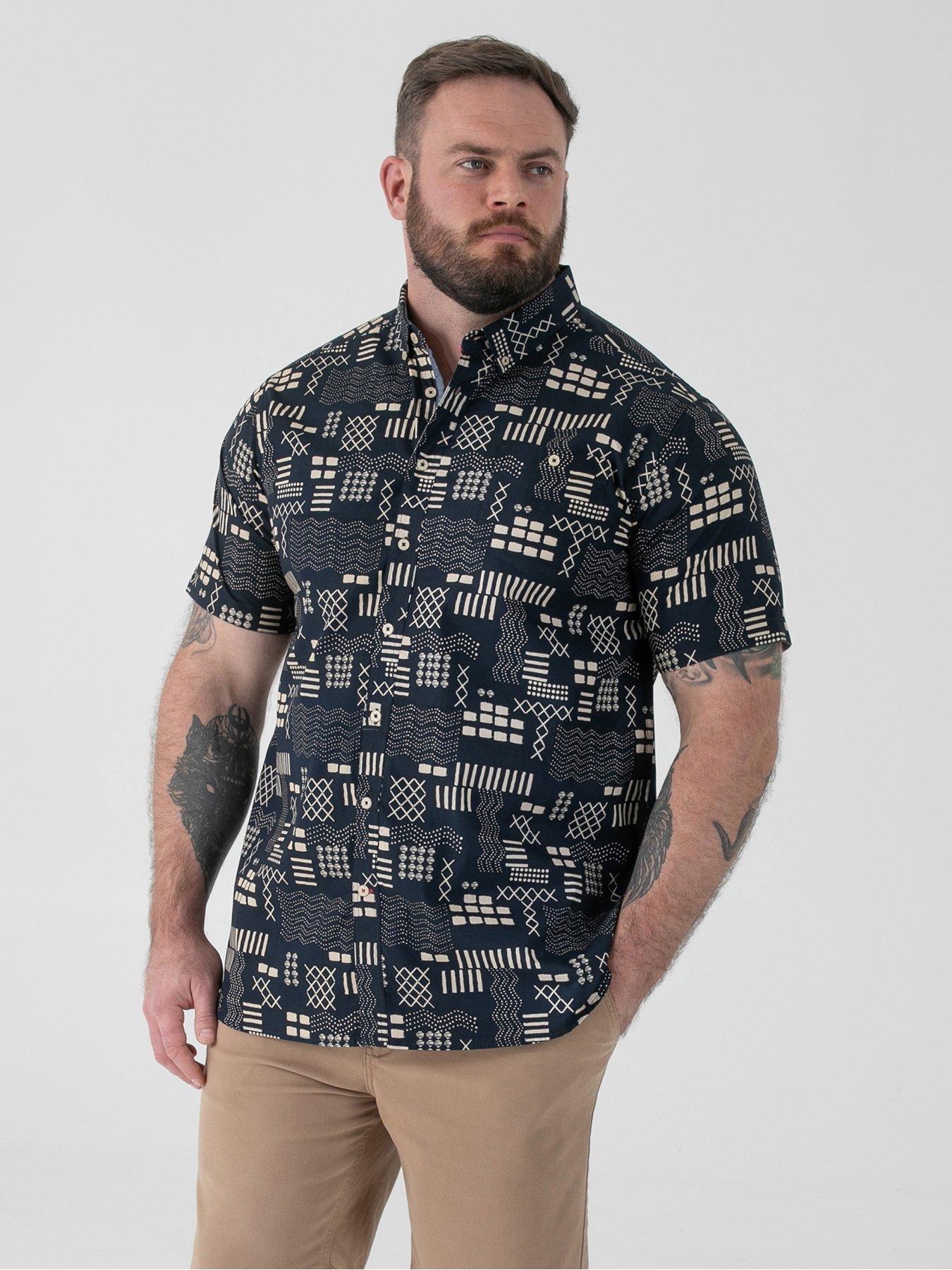 D555 Geometric Print Short Sleeve Button Down Collar Shirt, Navy, Size 6Xl, Men