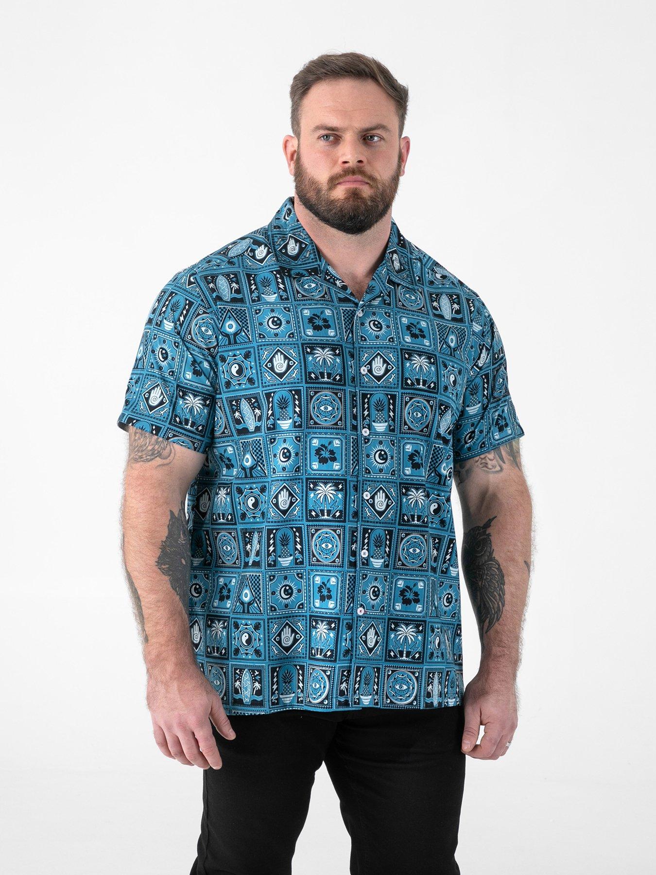 D555 Ao Printed Cuban Collar Resort Short Sleeve Shirt - Aqua