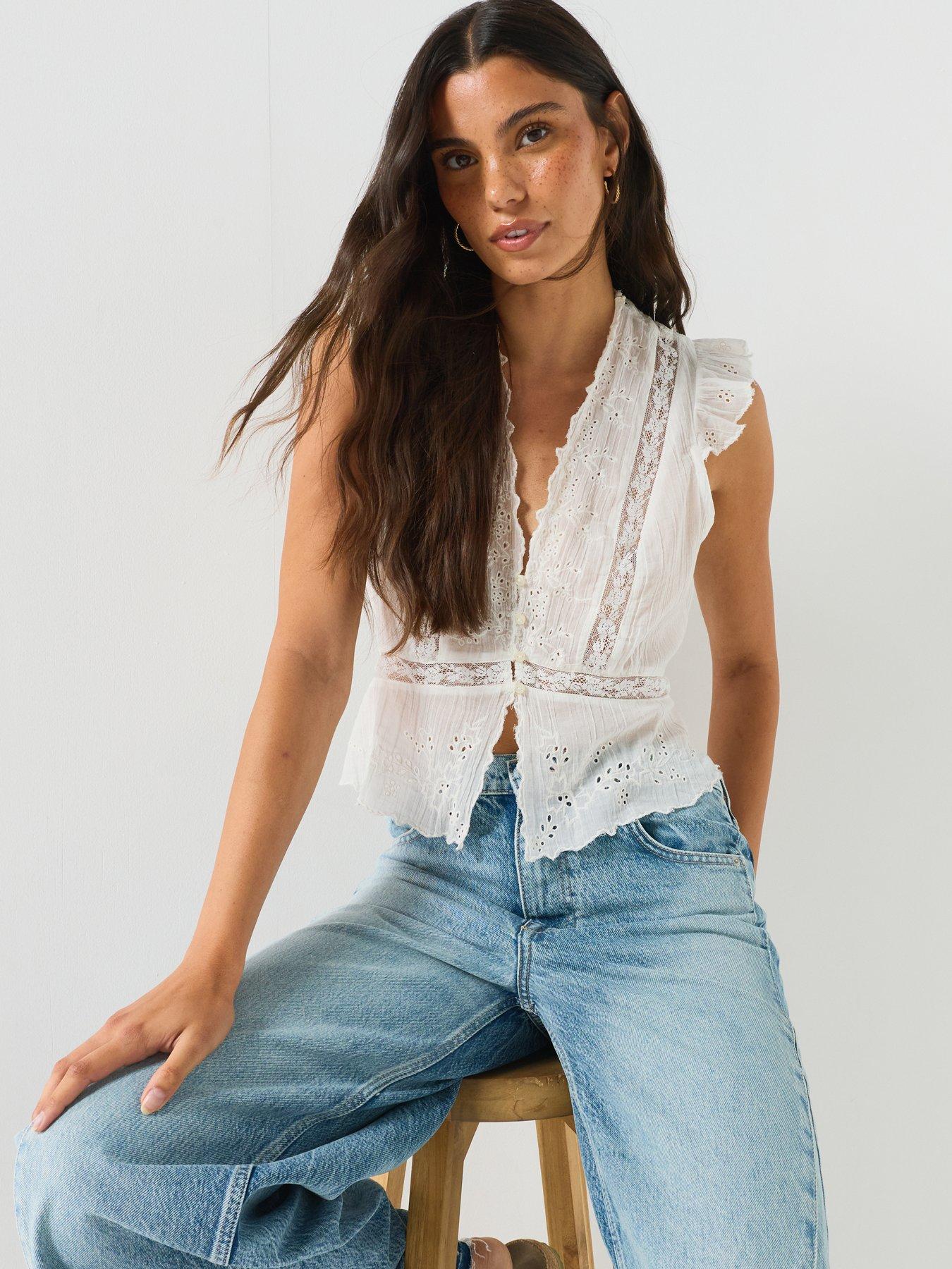 Image 4 of 6 of FREE PEOPLE Embroidered Peplum Button&nbsp;Front Cotton Top - White