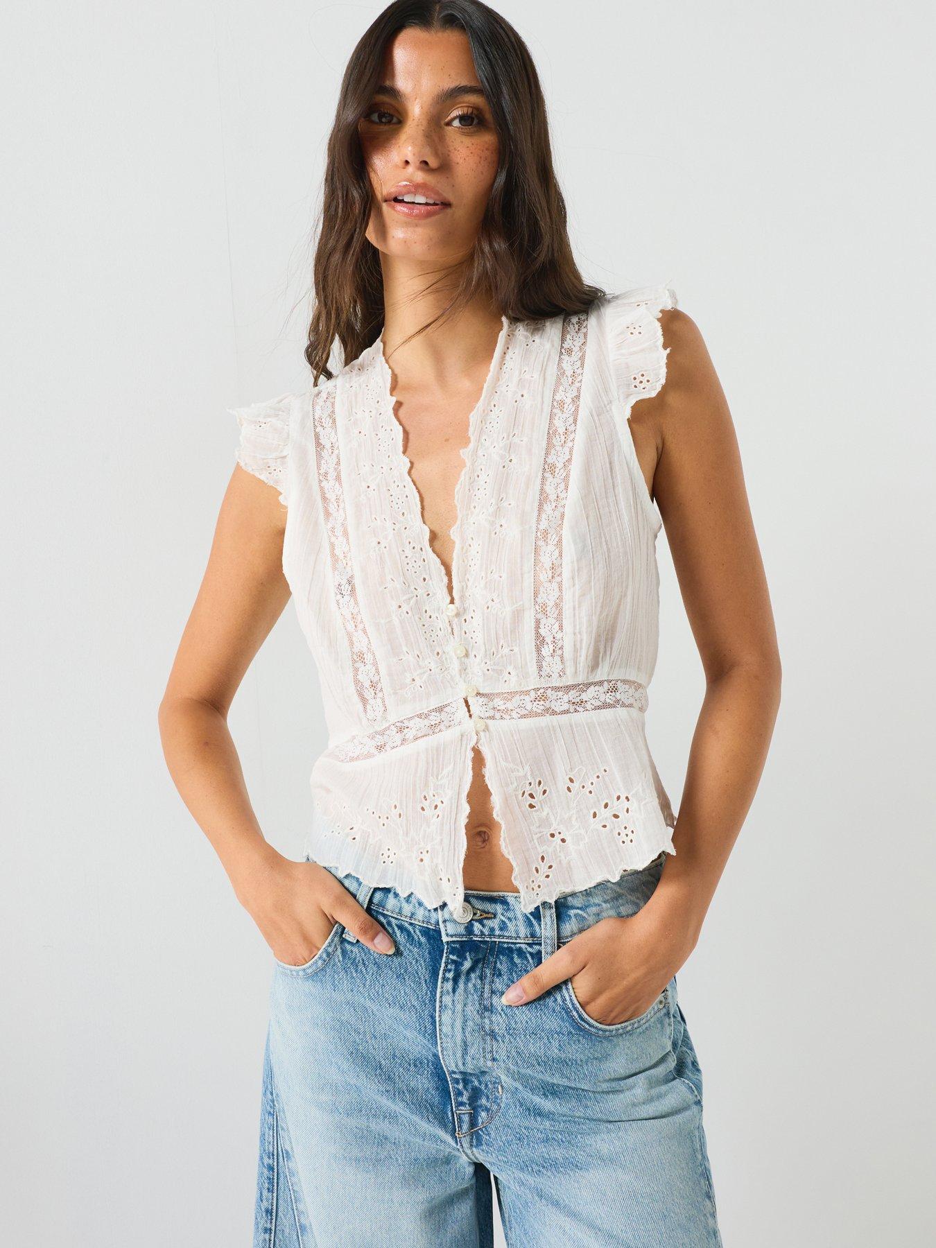 Image 5 of 6 of FREE PEOPLE Embroidered Peplum Button&nbsp;Front Cotton Top - White