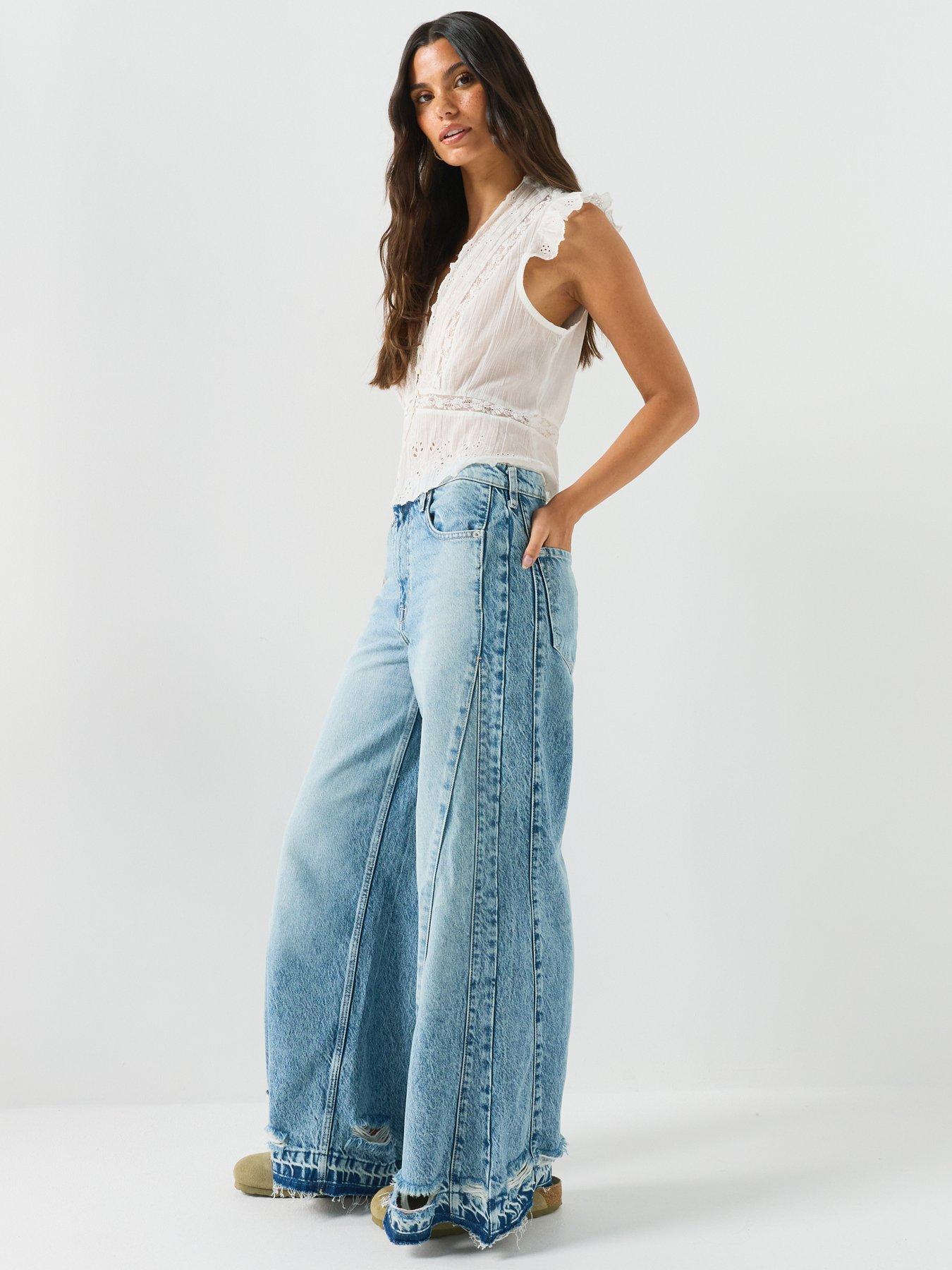 Image 1 of 6 of FREE PEOPLE Frayed Seam Wide Leg Jeans with Distressed Panel Detail - Blue