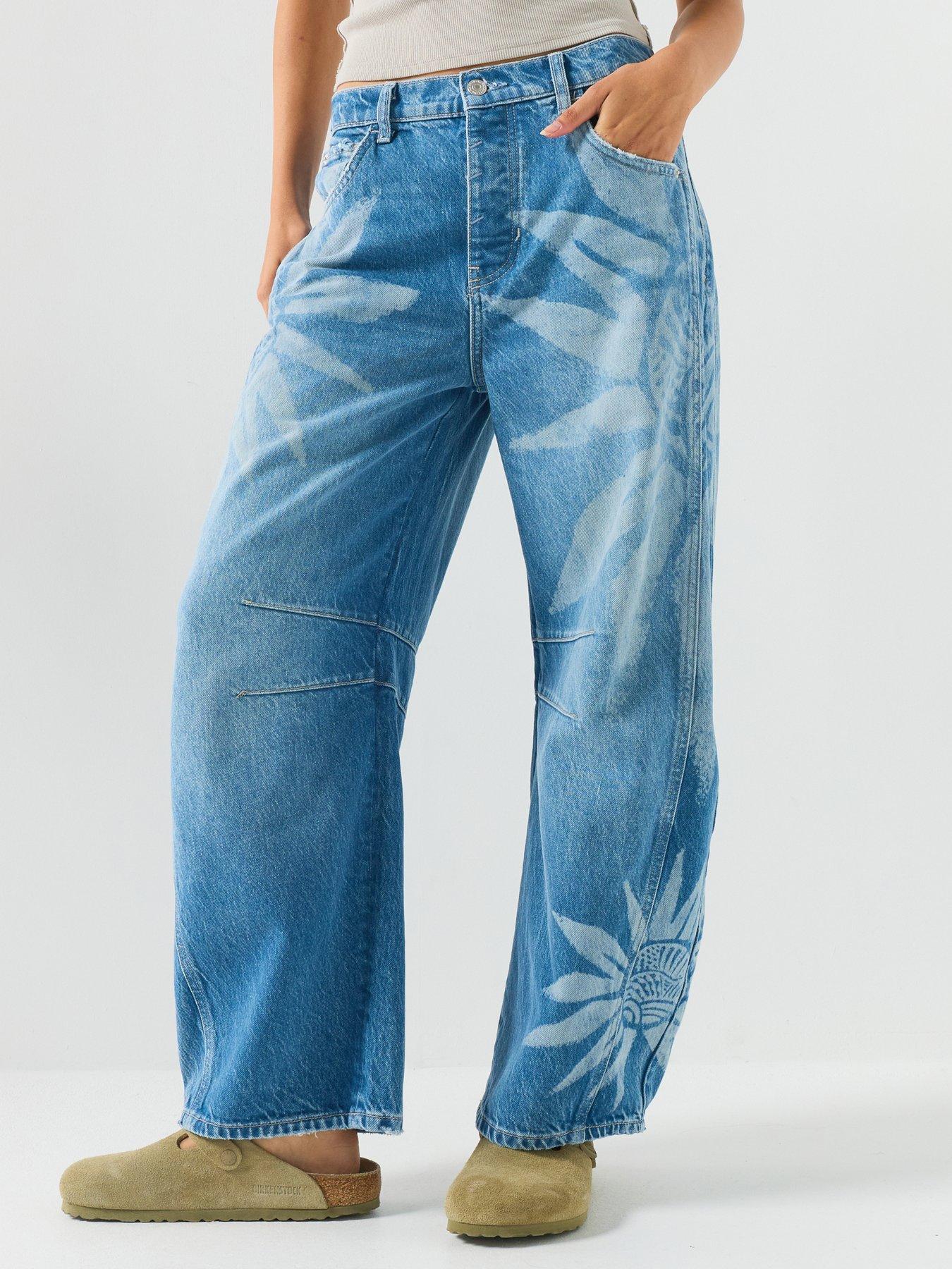 Image 1 of 6 of FREE PEOPLE Printed Barrel Leg Jeans - Blue
