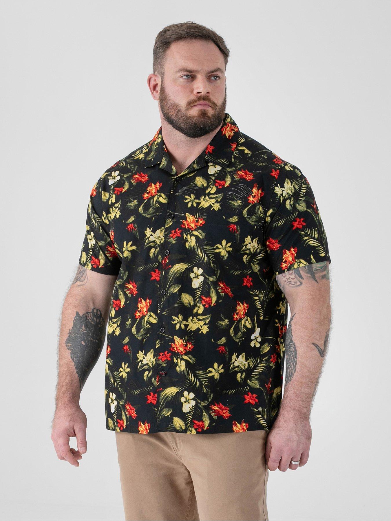 D555 Hawaiian Printed Cuban Collar Resort Short Sleeve Shirt, Black, Size 5Xl, Men