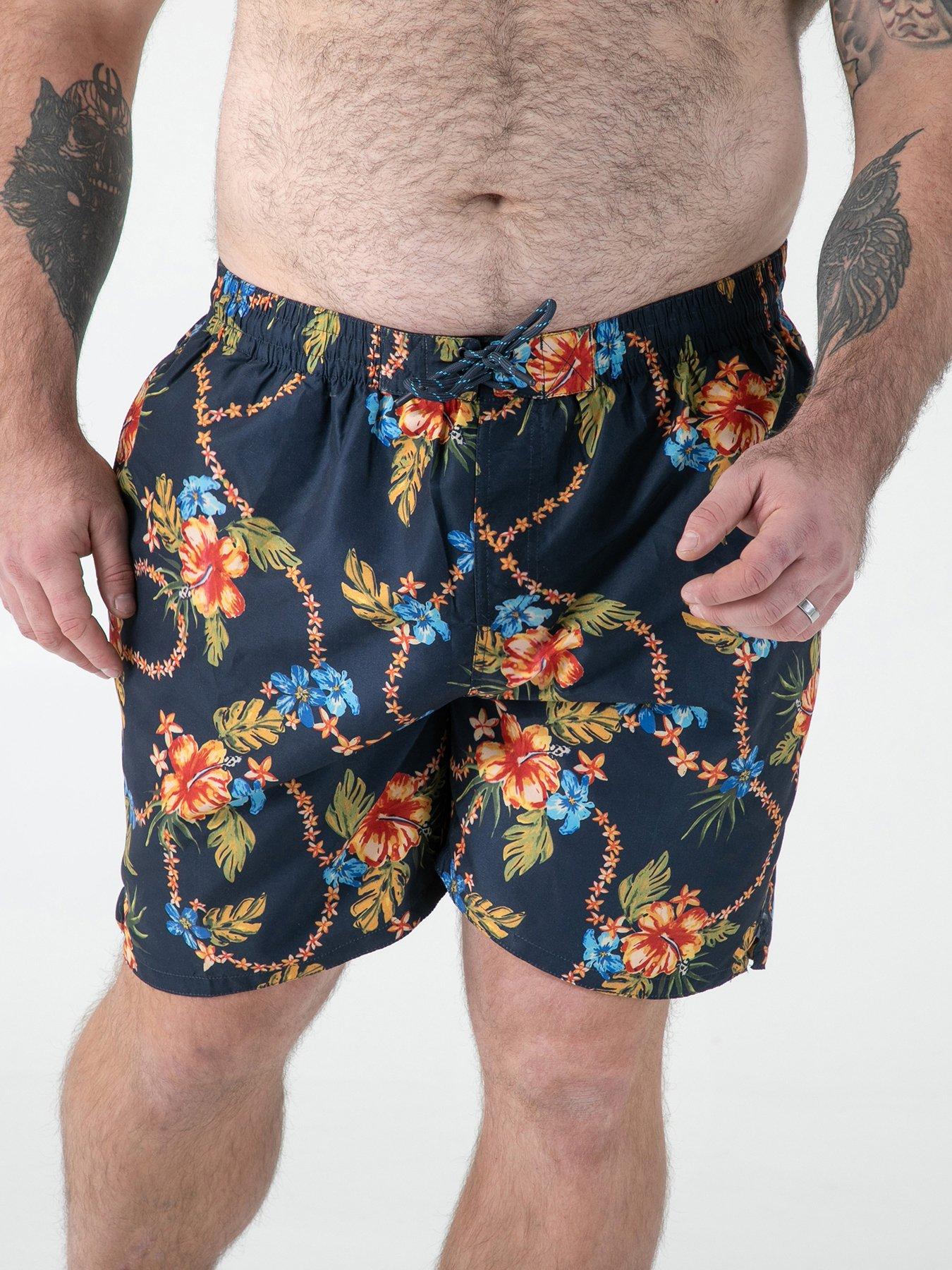 D555 AO Printed Hawaiian Swim Shorts With Back Zipper Pocket, Navy, Size 3Xl, Men