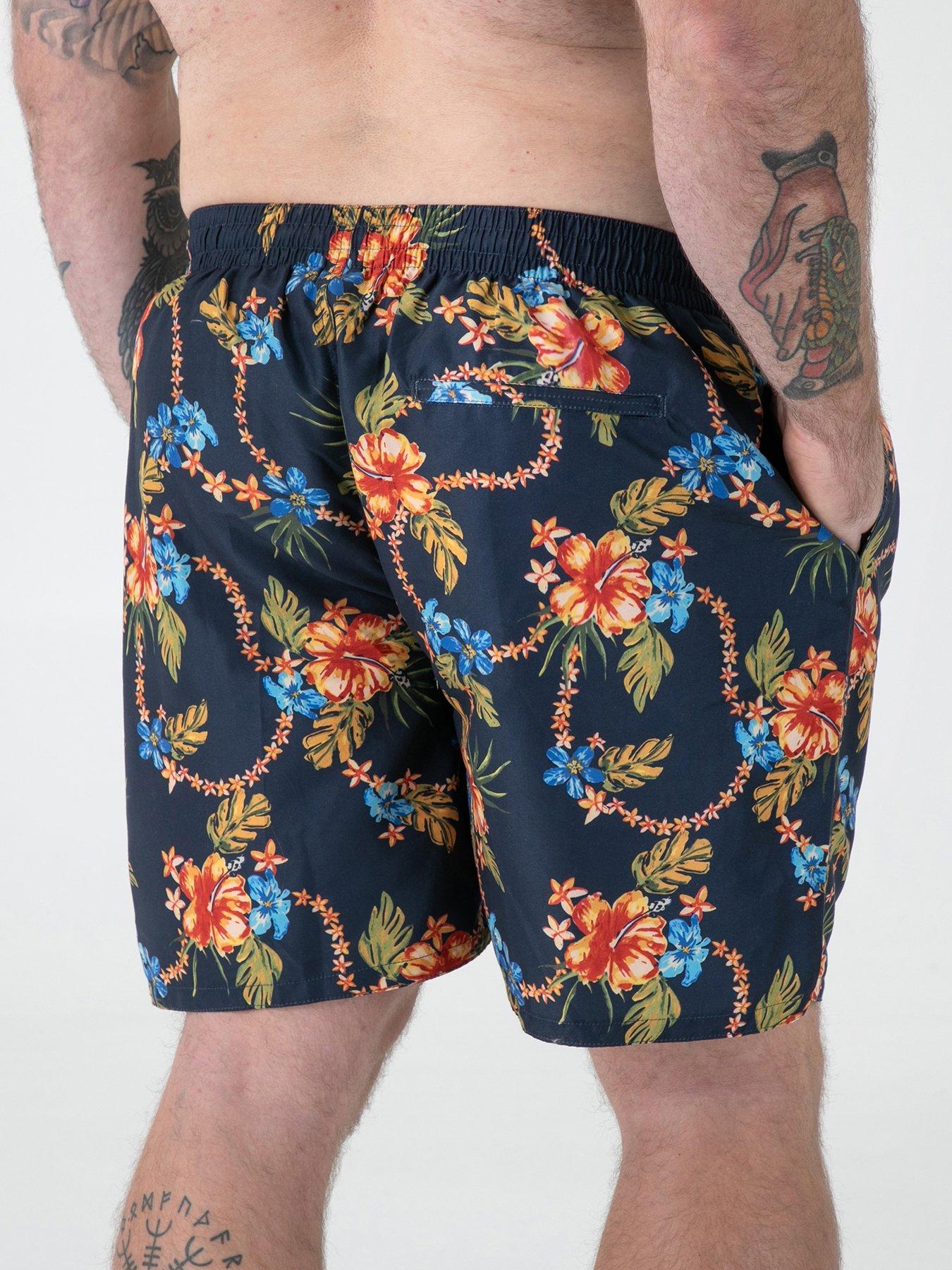 Image 2 of 6 of D555 AO Printed Hawaiian Swim Shorts With Back Zipper Pocket - Navy