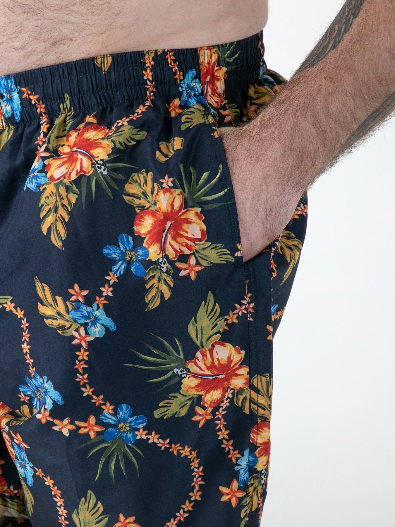 Image 4 of 6 of D555 AO Printed Hawaiian Swim Shorts With Back Zipper Pocket - Navy