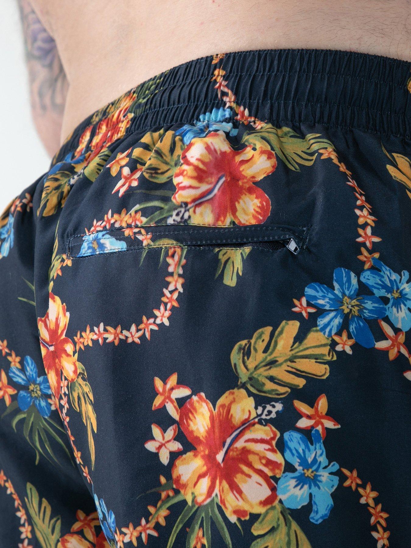 Image 5 of 6 of D555 AO Printed Hawaiian Swim Shorts With Back Zipper Pocket - Navy