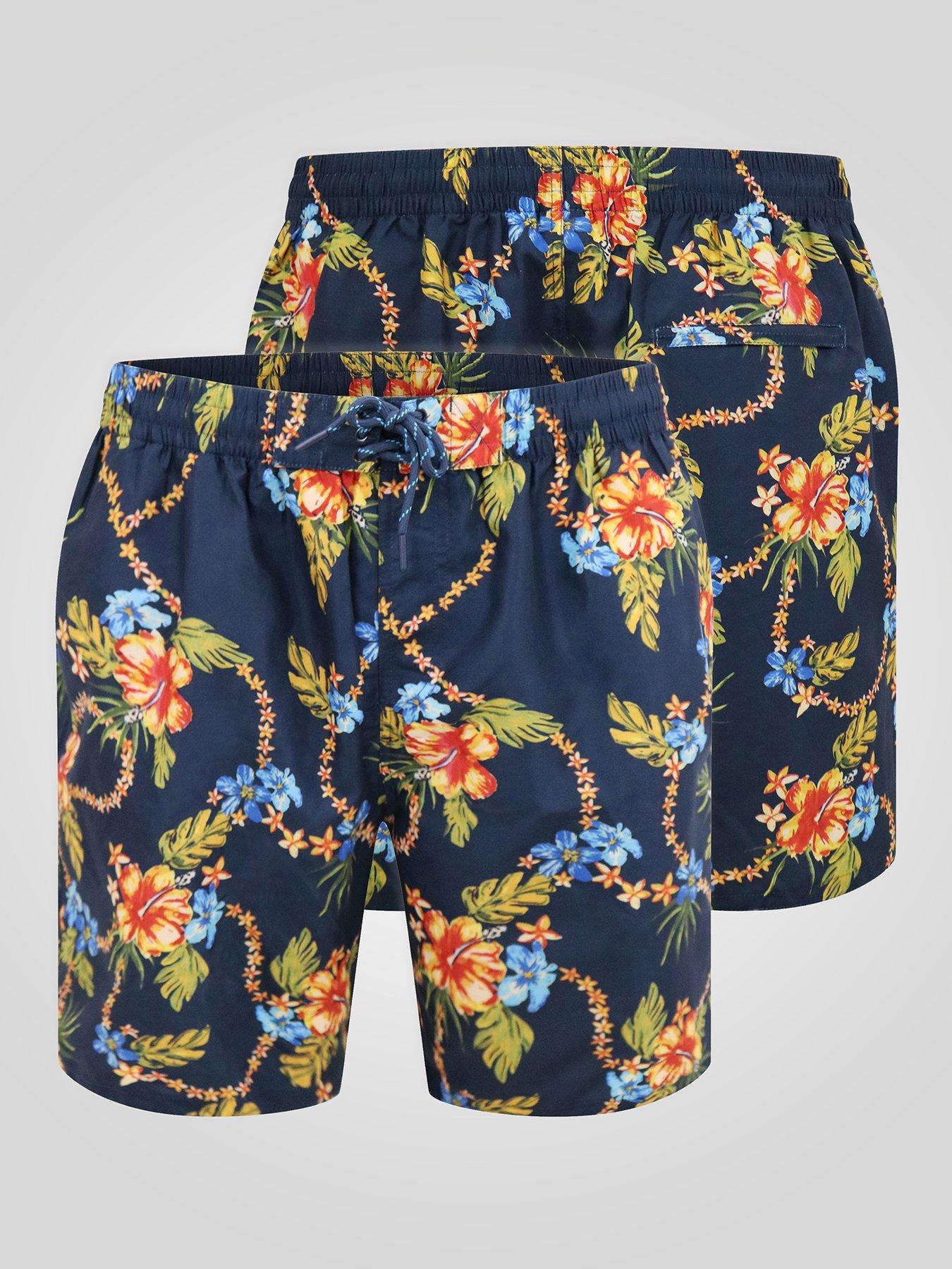 Image 6 of 6 of D555 AO Printed Hawaiian Swim Shorts With Back Zipper Pocket - Navy