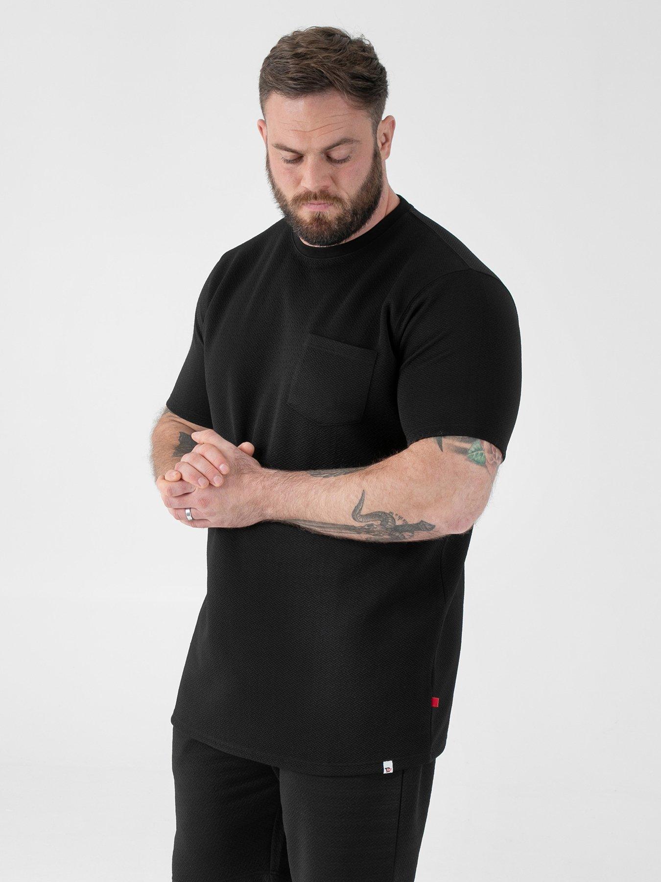 D555 Stretch Jacquard Crew Neck T-Shirt With Chest Patch Pocket, Black, Size 4Xl, Men