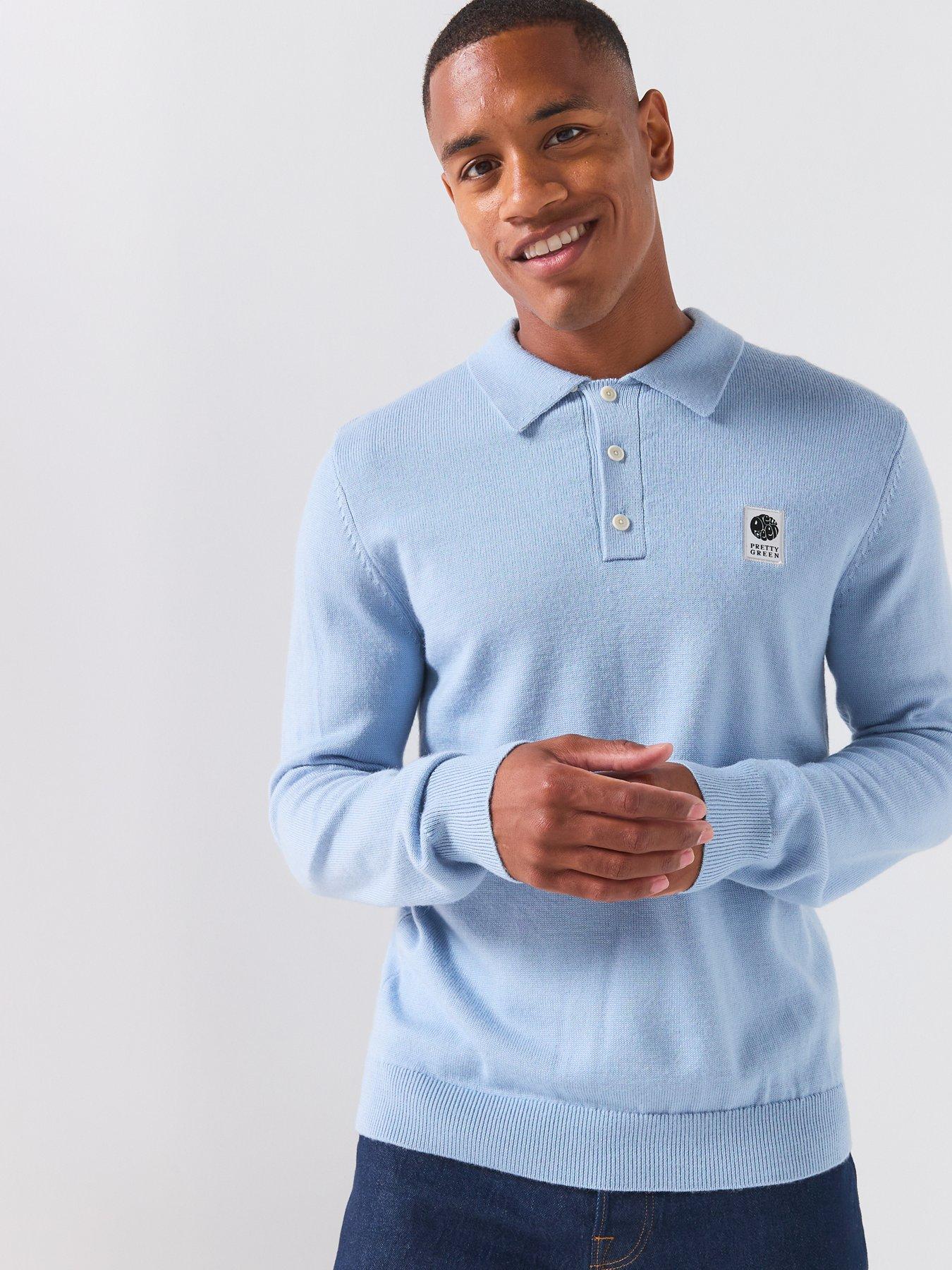Pretty Green Merino Knitted Long Sleeve Polo Shirt - Blue