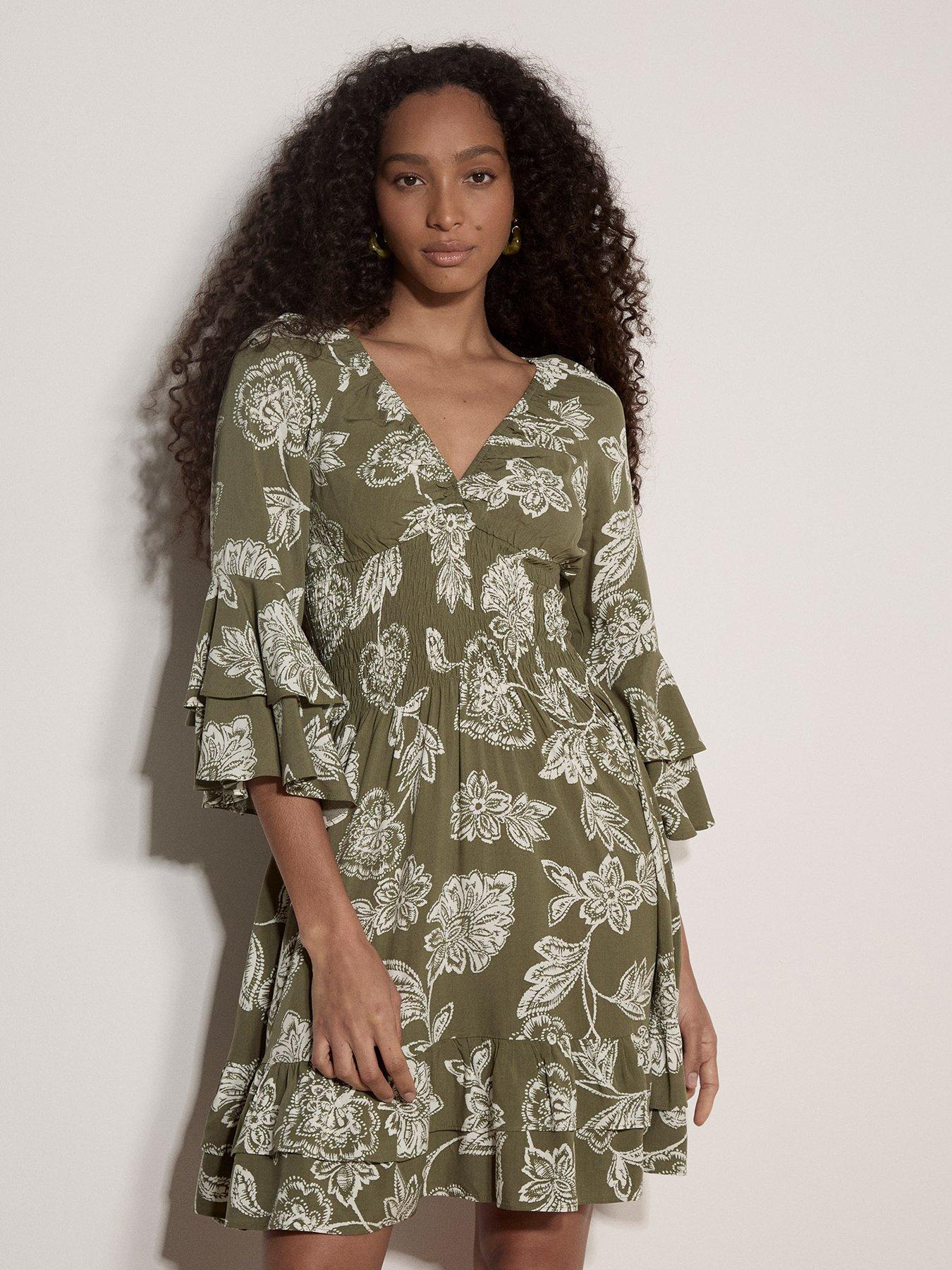 Apricot Bell Sleeve Smocked Waist Dress, Green, Size Xs, Women