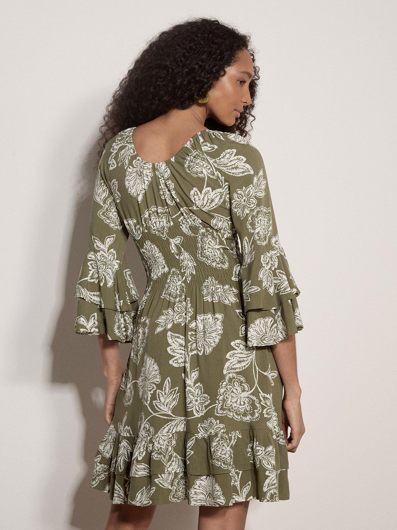 Image 2 of 4 of Apricot Bell Sleeve Smocked Waist Dress - Green