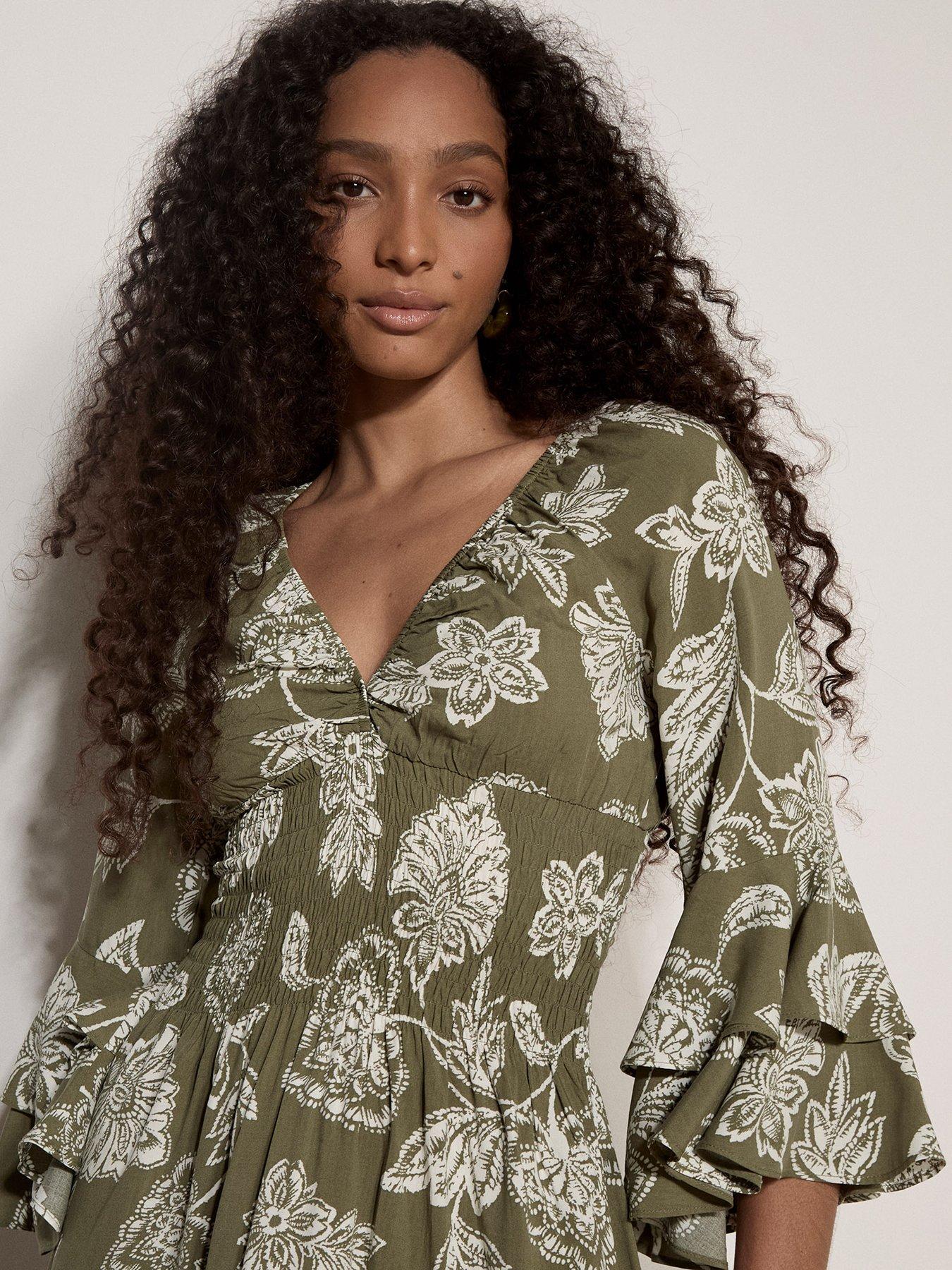 Image 3 of 4 of Apricot Bell Sleeve Smocked Waist Dress - Green