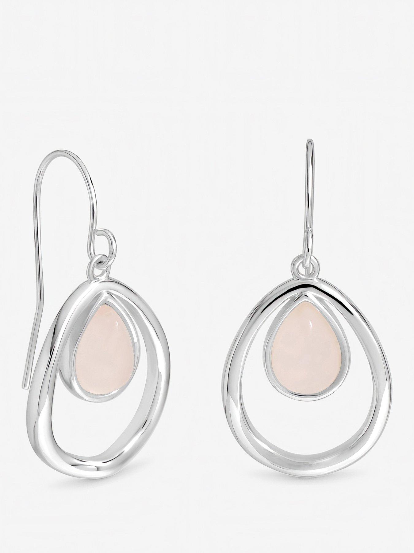 Inicio Sterling Silver Plated Rose Quartz Polished Oval Drop Earrings