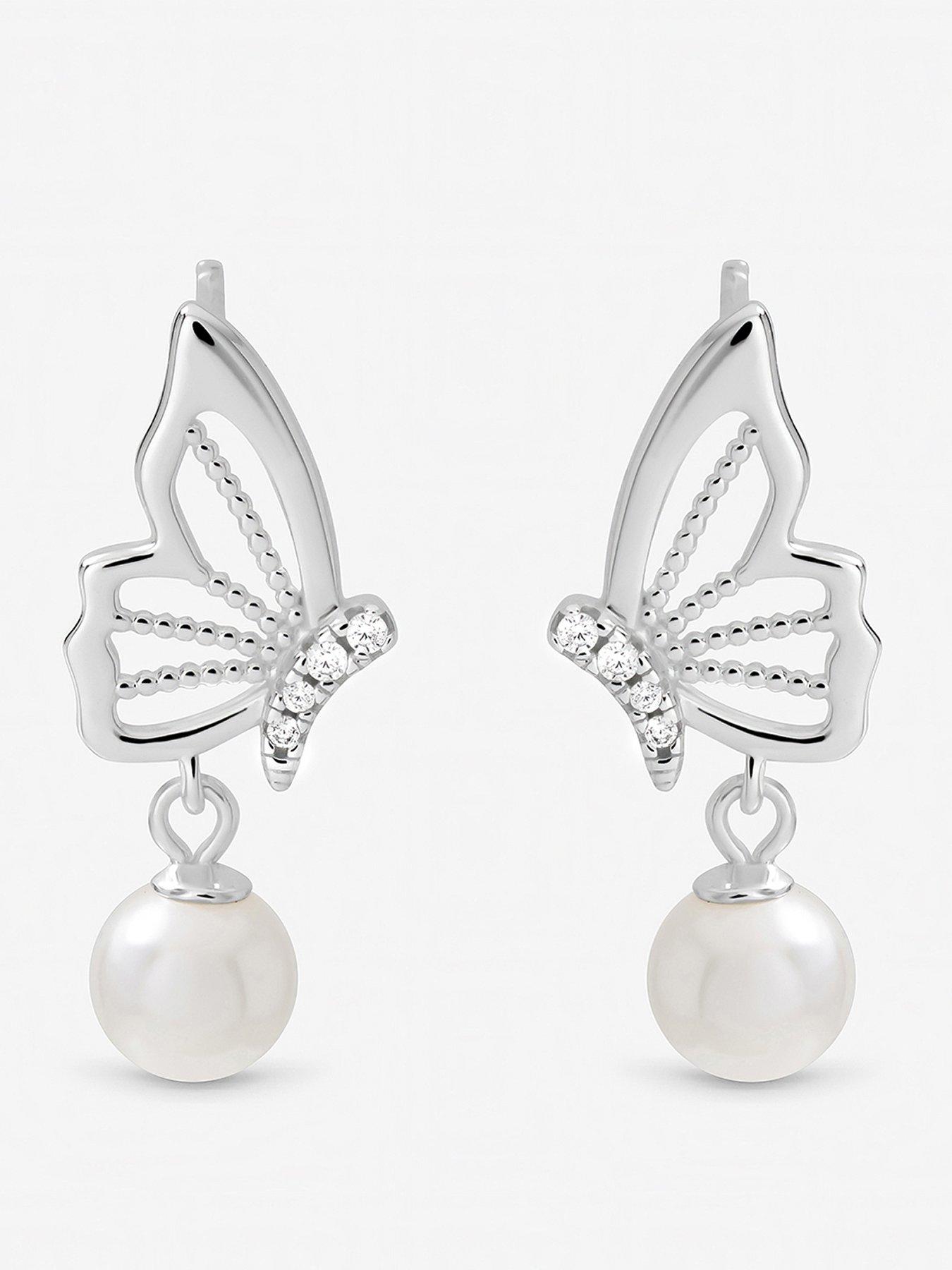 Inicio Sterling Silver Plated Polished Butterfly Pearl Drop Earrings