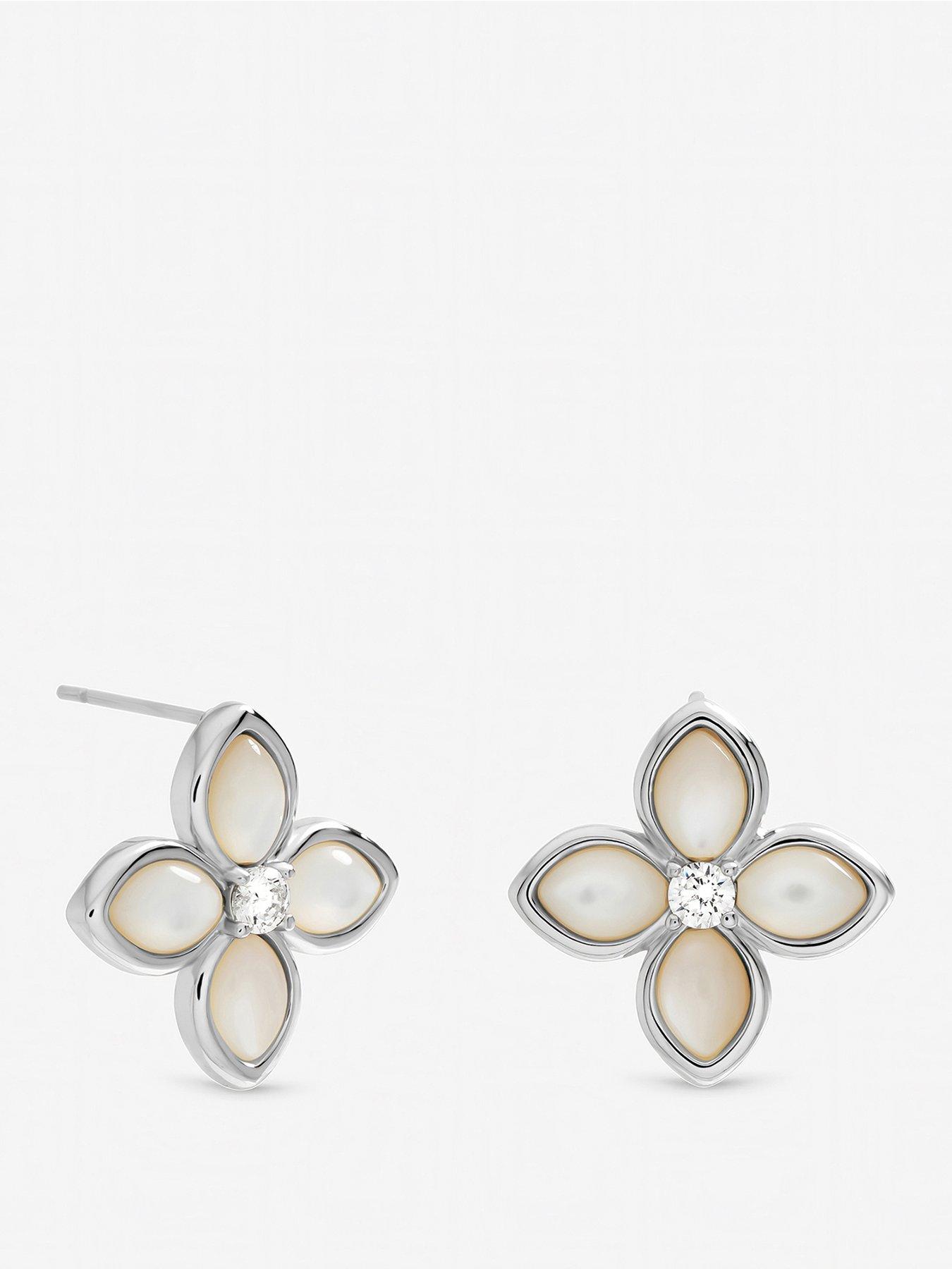 Inicio Sterling Silver Plated Mother of Pearl Clover Stud Earrings
