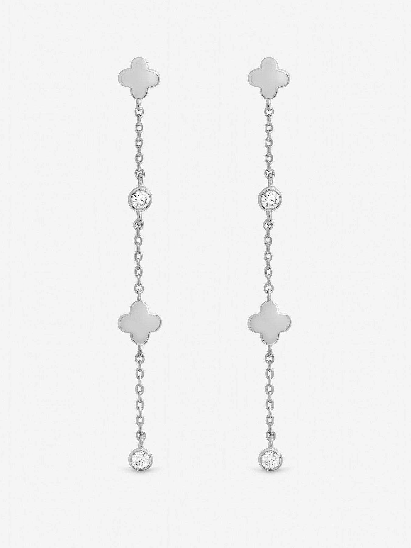 Inicio Sterling Silver Plated Crystal Clover Fine Long Drop Earrings