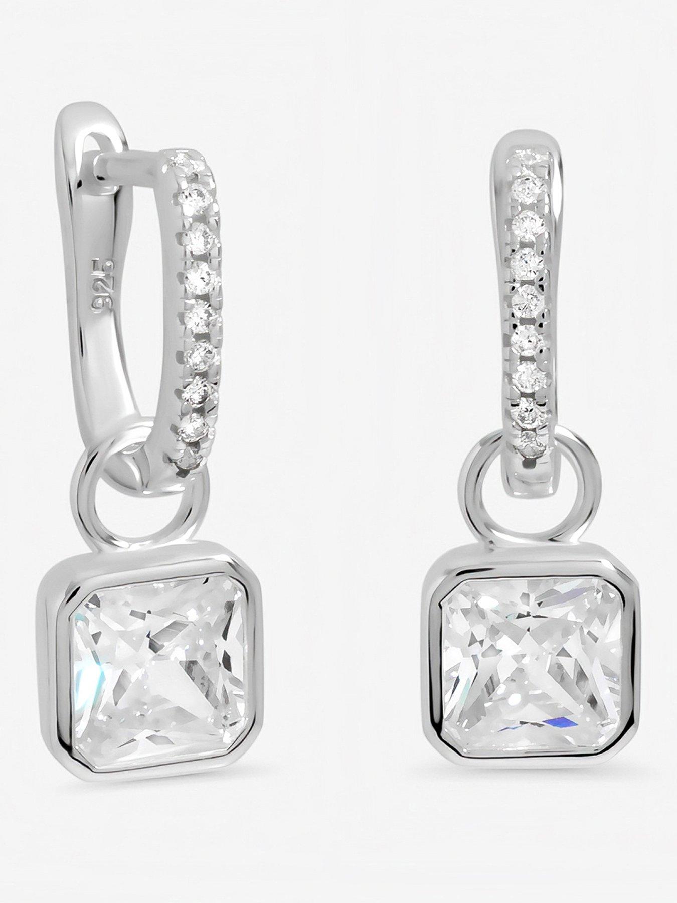 Inicio Sterling Silver Plated Cushion Drop Cubic Zirconia Pave Hoops - Gift Pouch