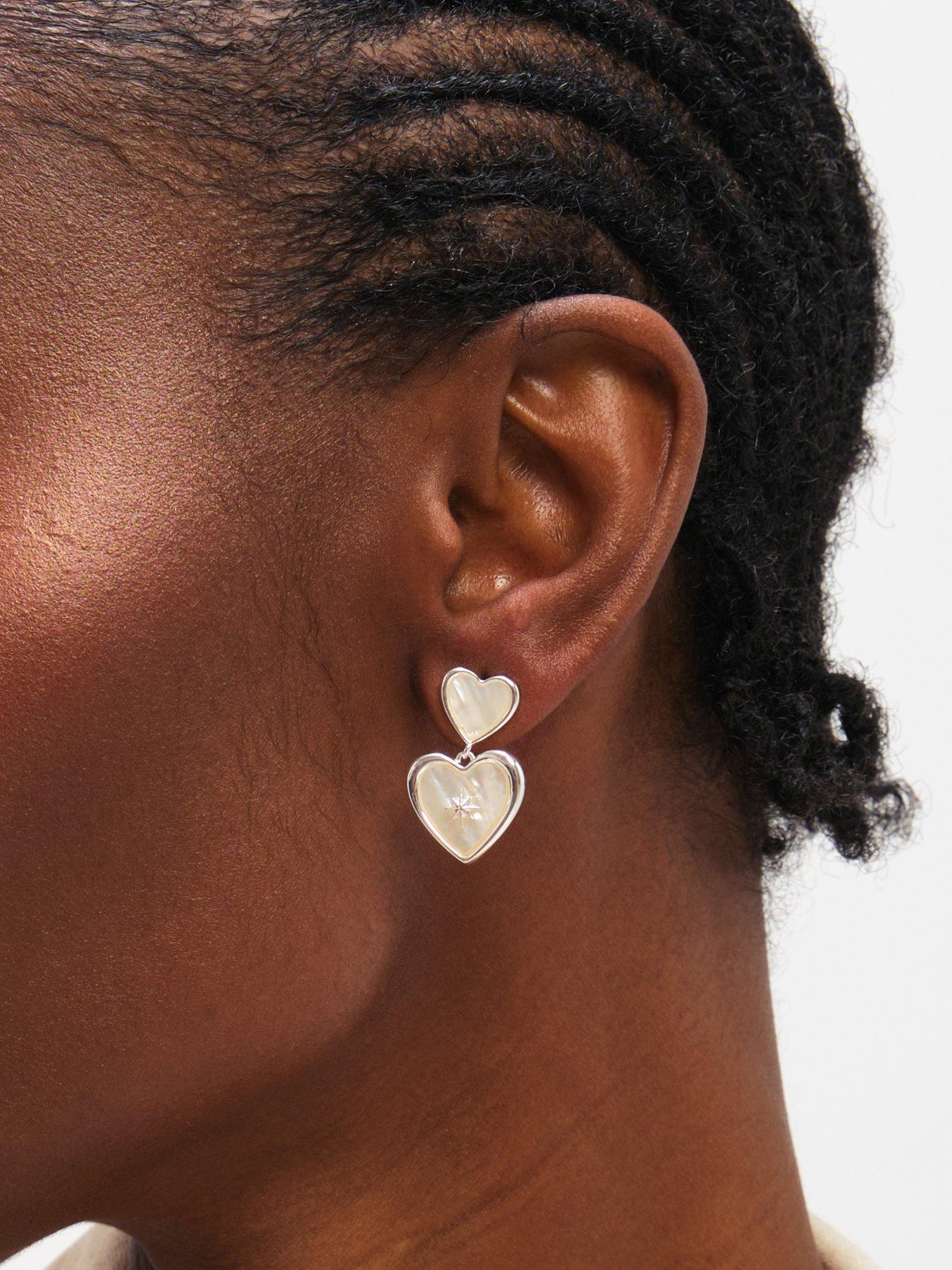 Image 3 of 4 of Inicio Sterling Silver Plated Mother of Pearl Celestial Heart Drop Earrings
