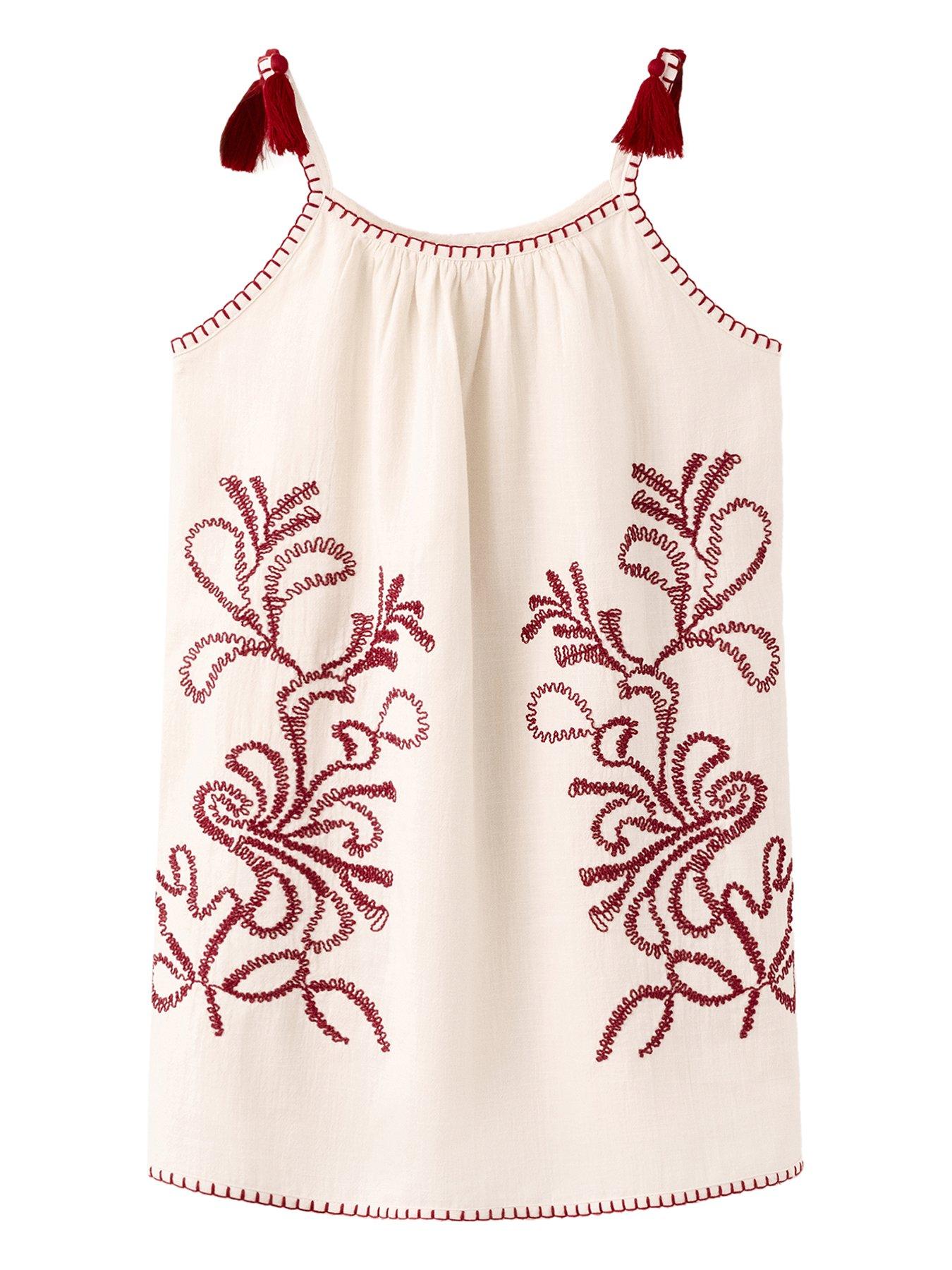Mango Girls Embroidered Detail Tassel Dress - Cream