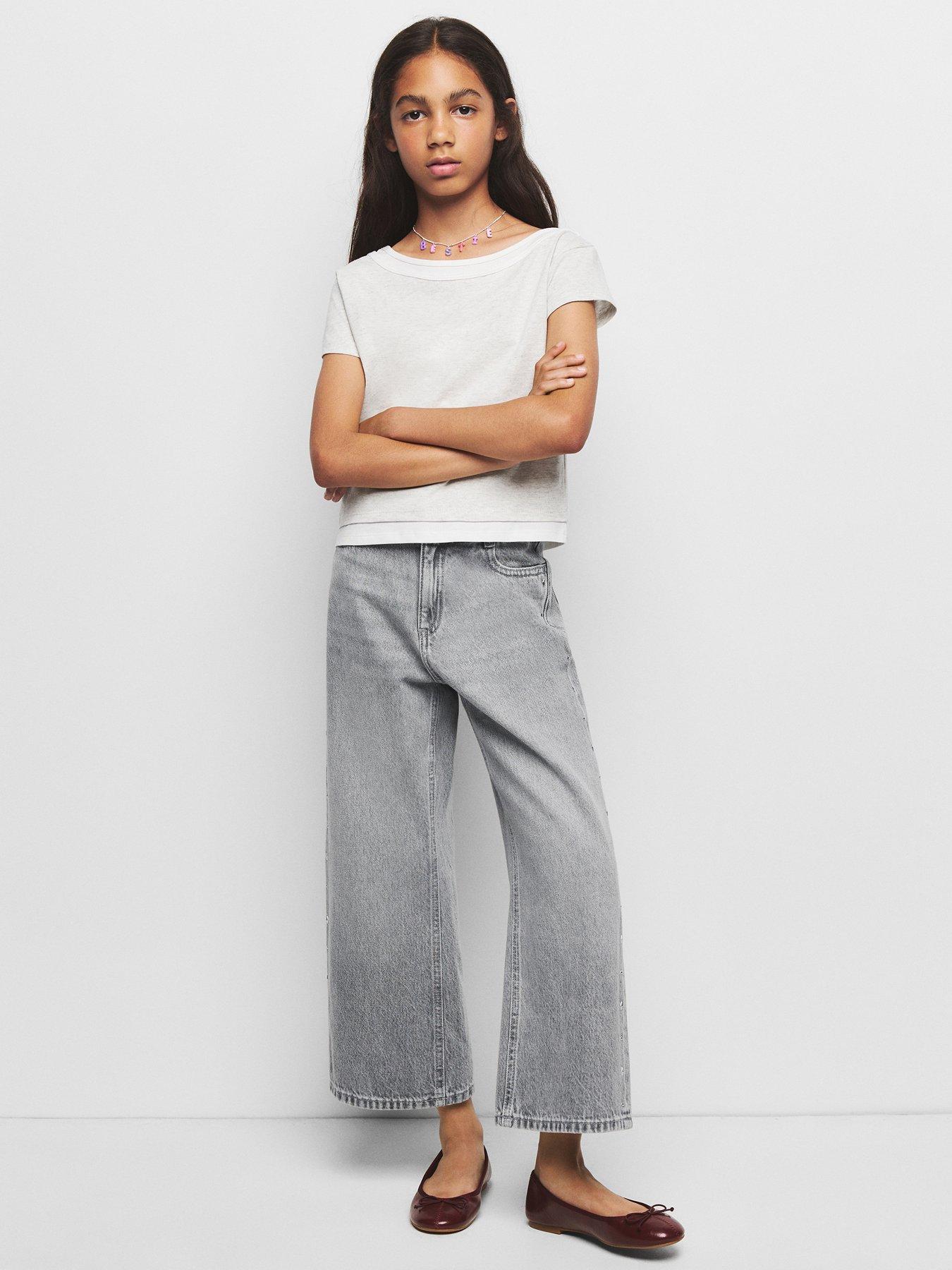 Image 1 of 6 of Mango Girls Studded Culotte Jeans - Grey