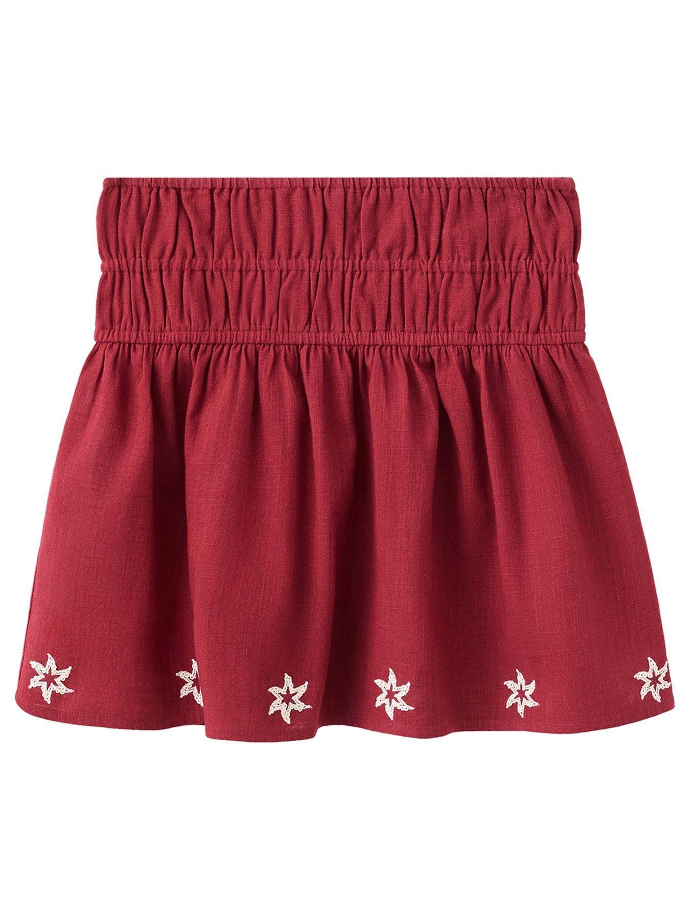Image 1 of 4 of Mango Girls Star Embroidered Ruched Co Ord Skirt - Dark Red