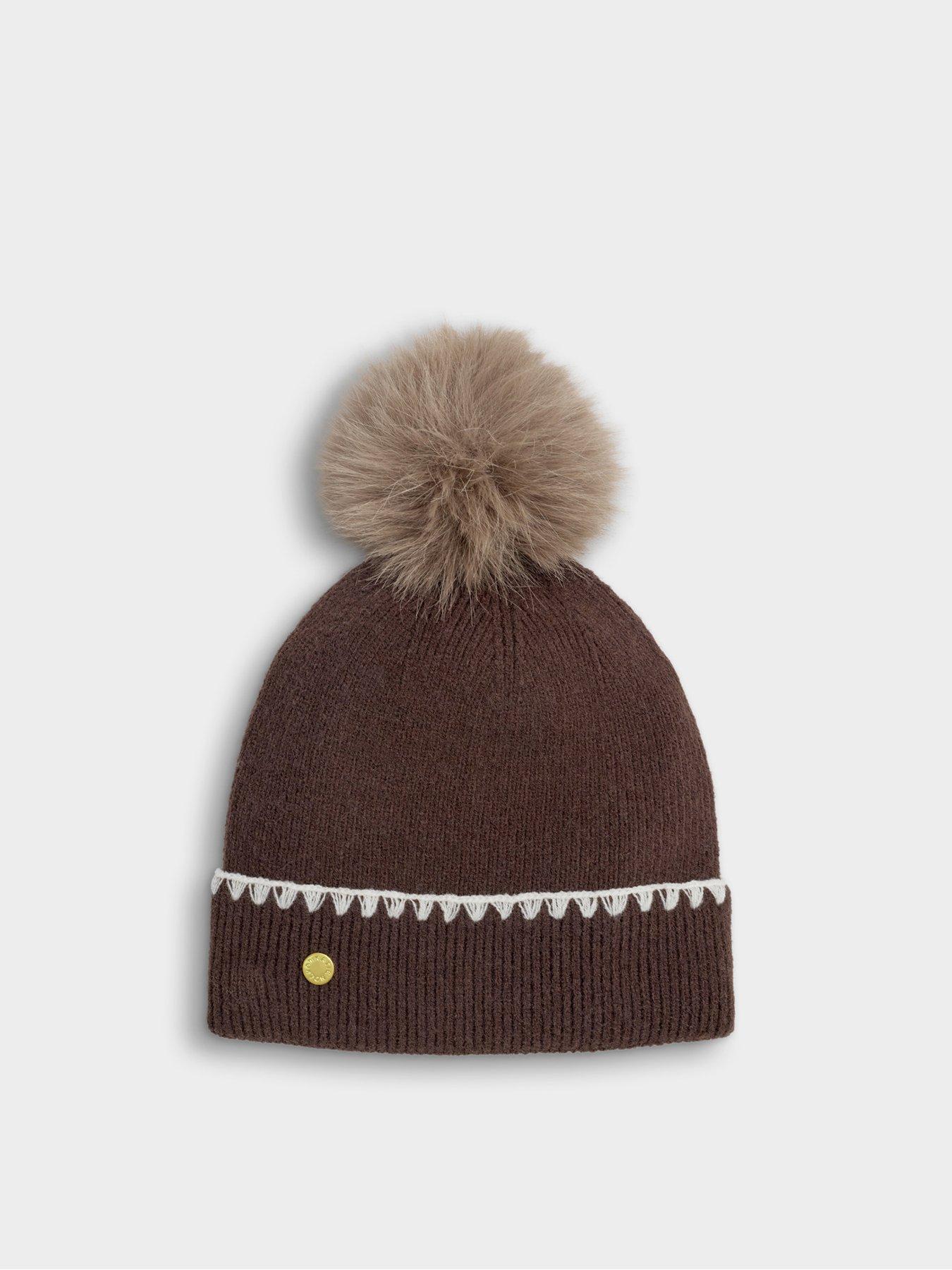 Image 2 of 6 of Katie Loxton Whipstitch Pom Pom Knitted Hat - Chocolate