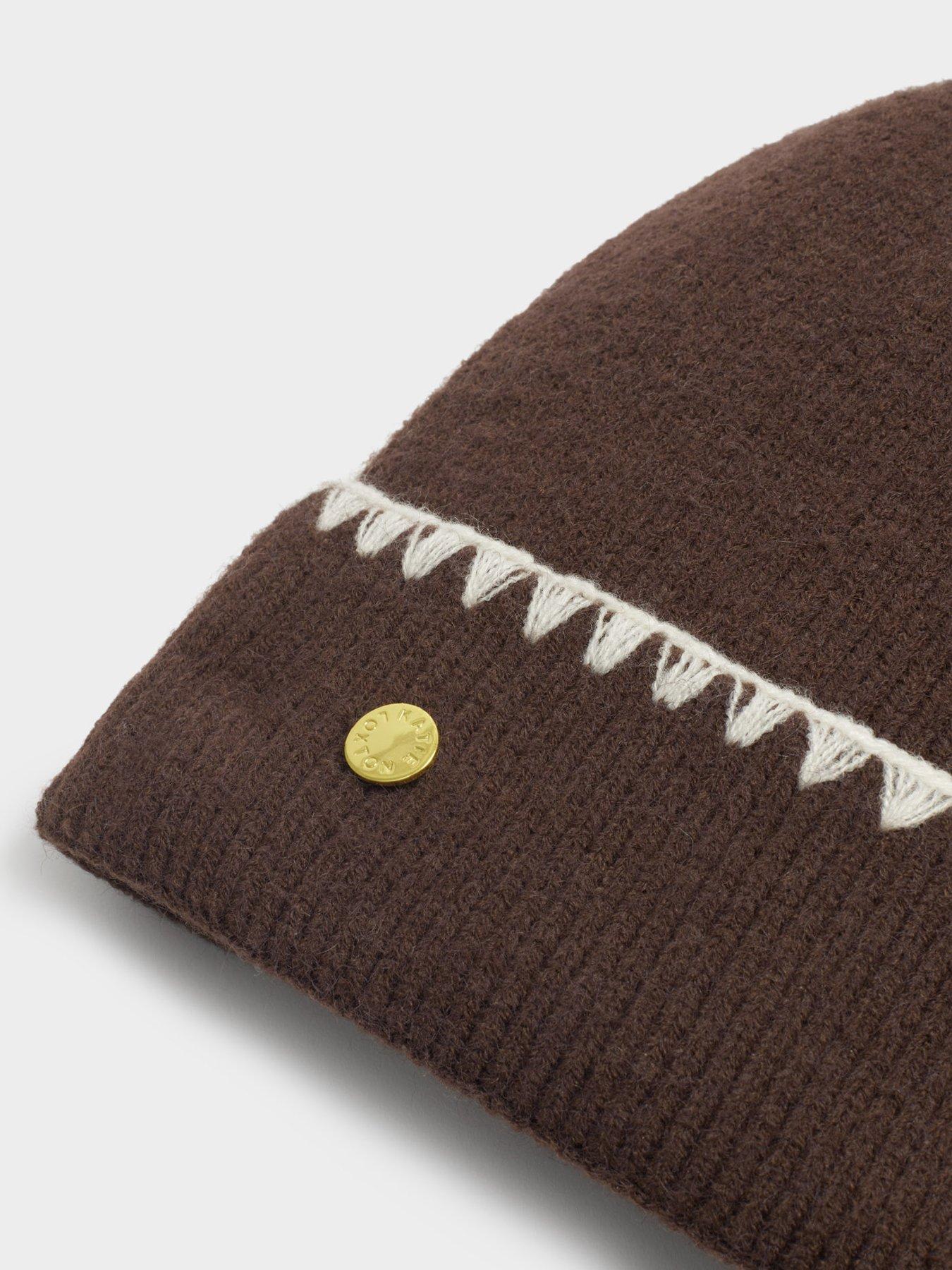 Image 3 of 6 of Katie Loxton Whipstitch Pom Pom Knitted Hat - Chocolate