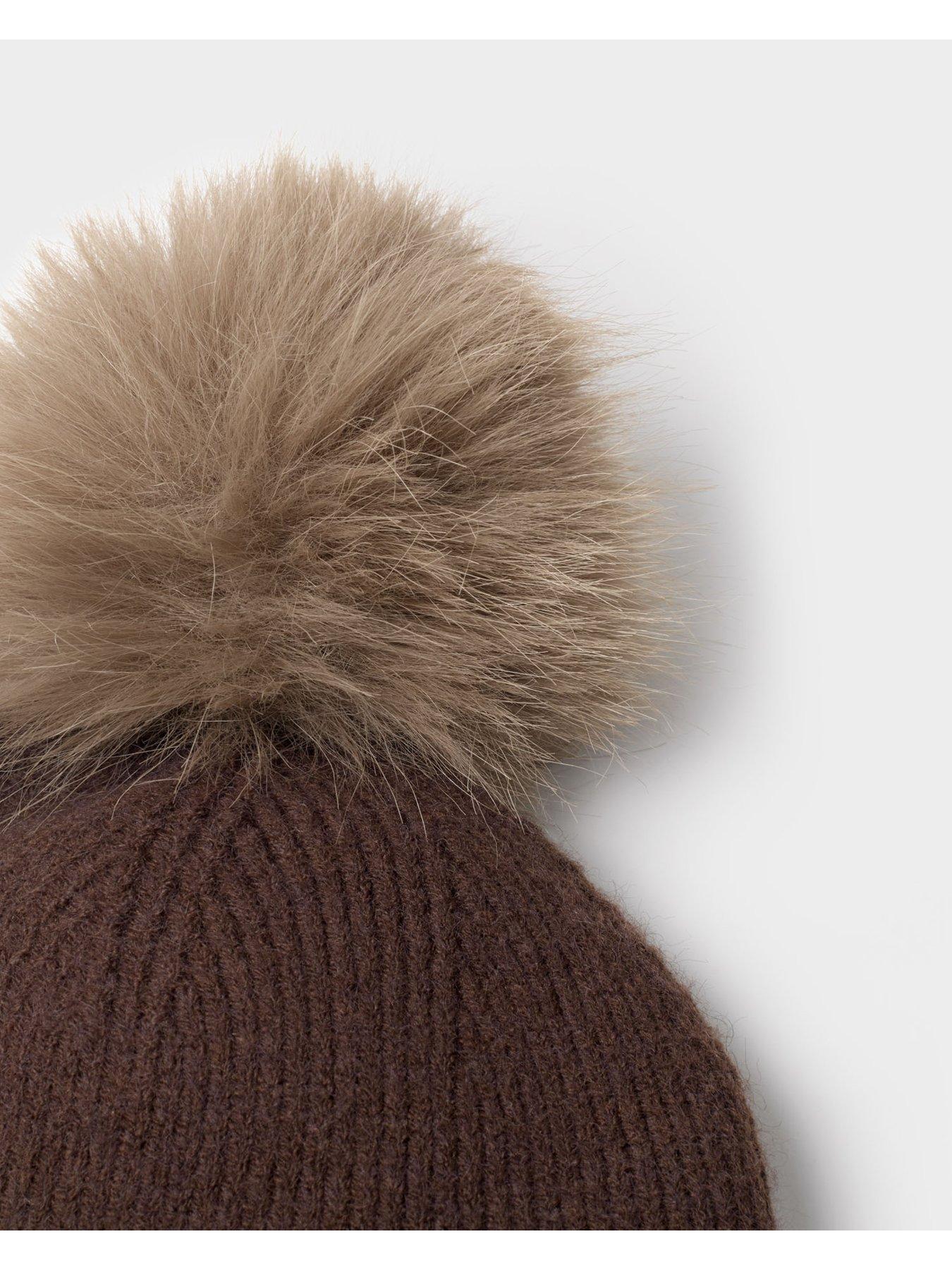 Image 4 of 6 of Katie Loxton Whipstitch Pom Pom Knitted Hat - Chocolate
